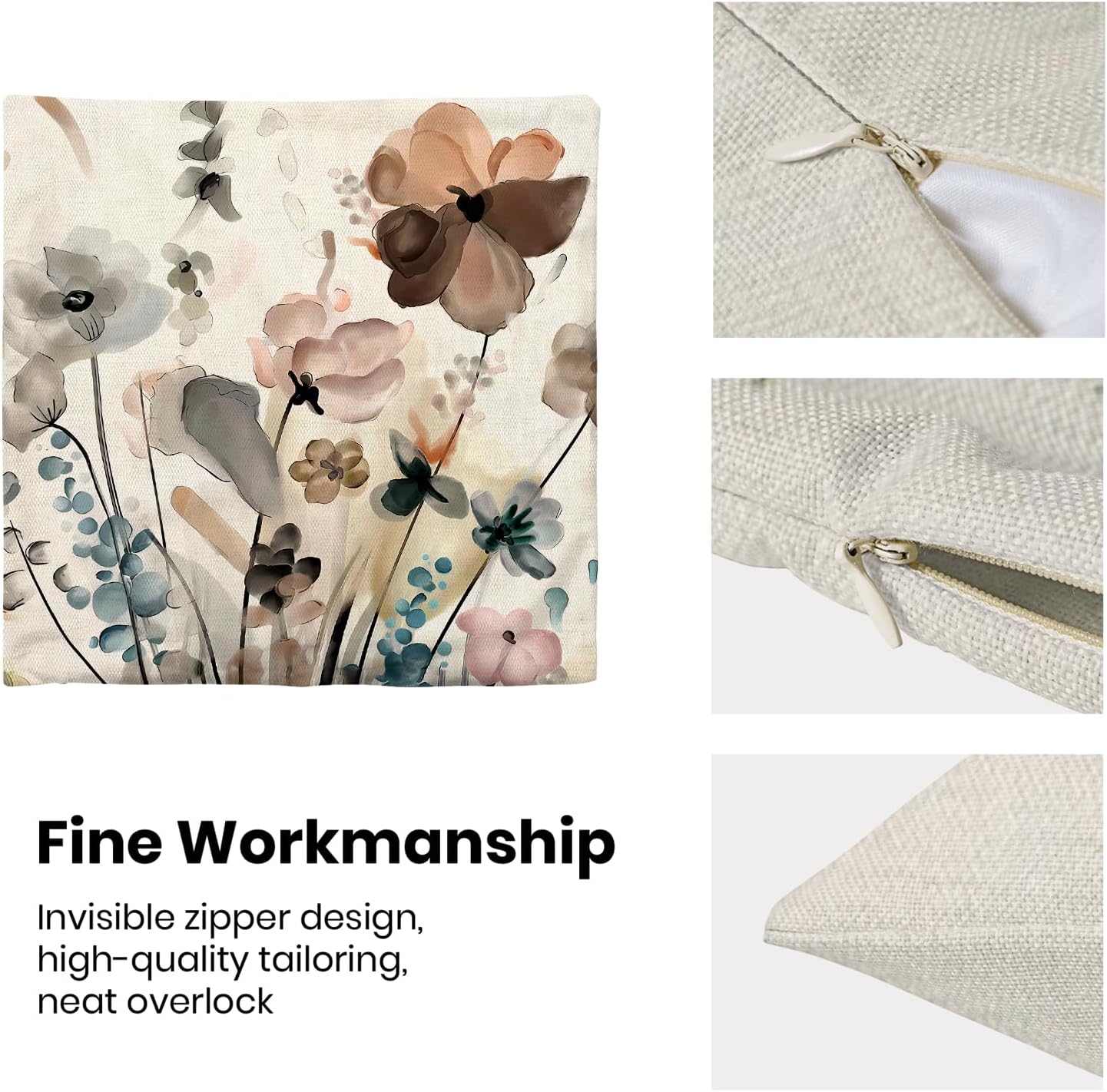 CXMEIFLY Spring Floral Pillow Covers 18 x 18 Inch Set of 2 for Watercolor Flowers Decor Throw Pillows Teal Brown Leaves Plant Floral Outdoor Decorative Cushion Cases for Couch Bed Decorations