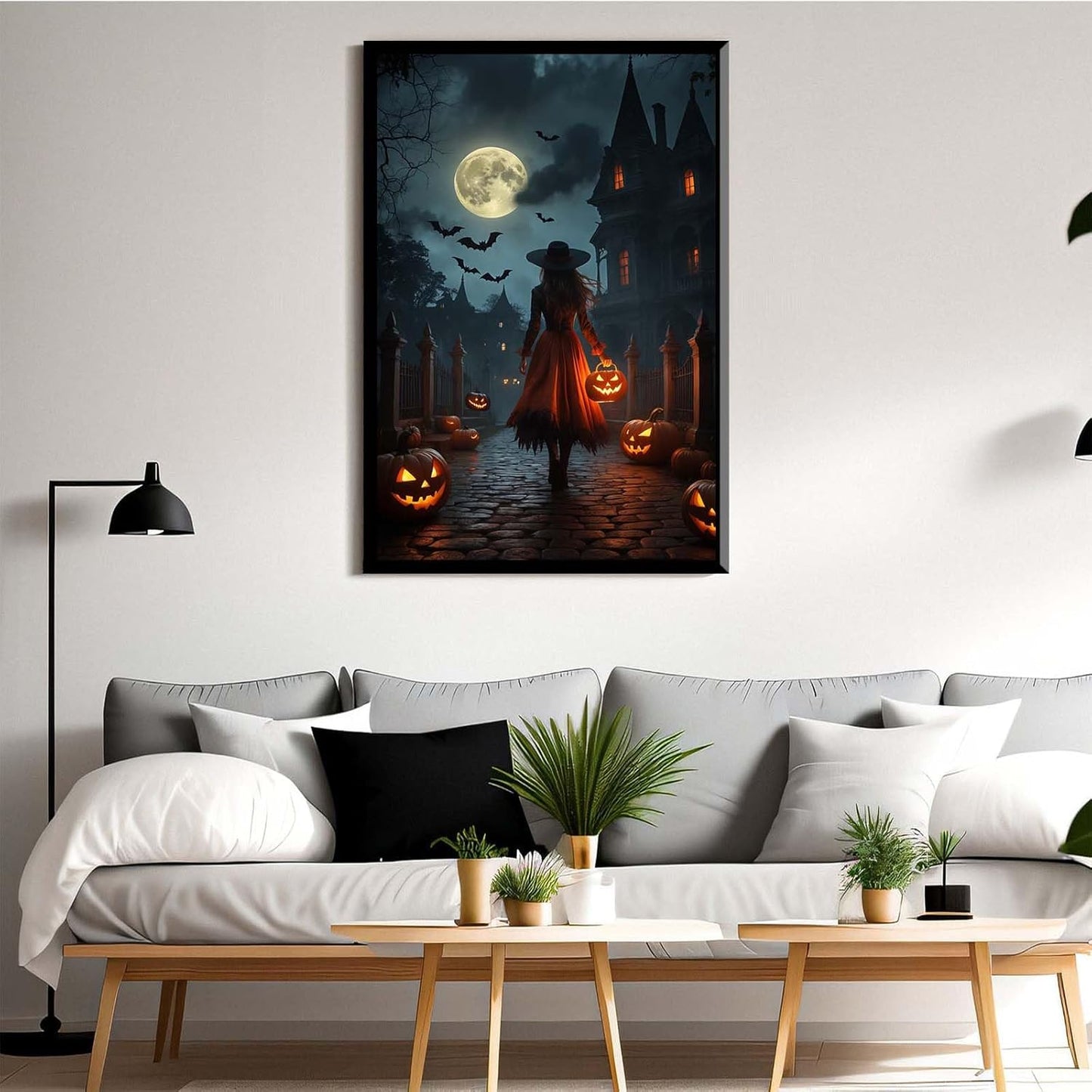 JFHCQJPK Halloween theme poster moonlit autumn night witch vintage poster art print dark college style gothic painting canvas wall decoration bedroom living room ideal gift20x30in Metal blackFramed