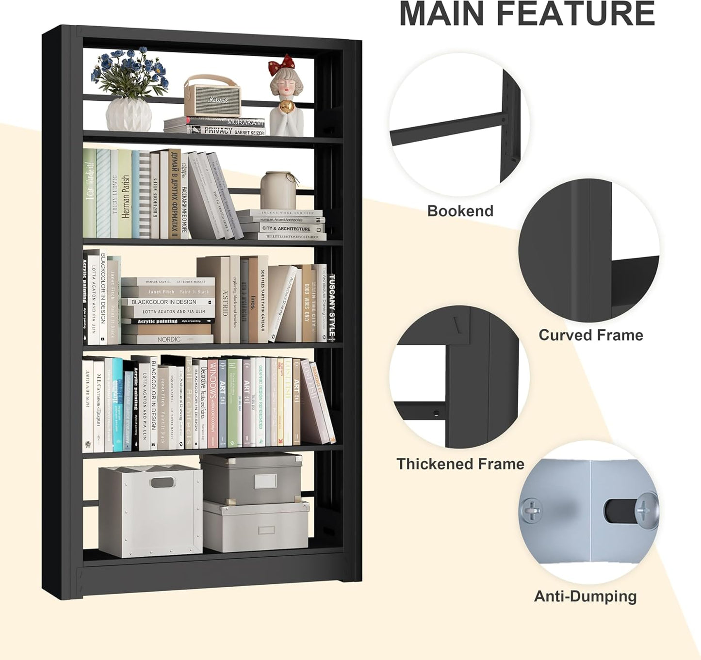 Large Metal Bookcase, 69” Modular Bookshelf with Storage, 5 Tier Bookcase with Adjustable Shelves, Extra Tall Book Shelves, Modern Book Case for Library, Office, Entryway, Living Room(Black)