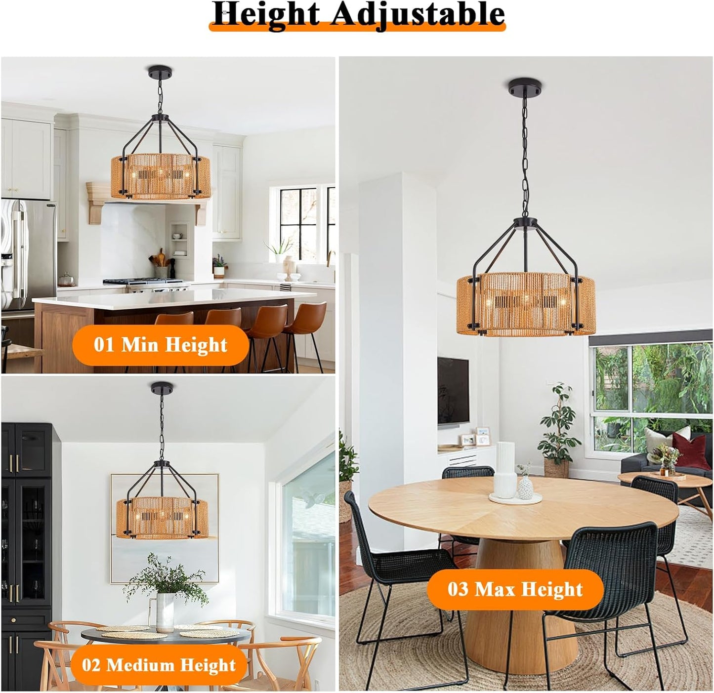 18.1" Rattan Chandelier, 4 Lights Large Black Chandelier Wicker Woven Pendant Light Boho Hanging Lamp for Living Dining Room Foyer Kitchen Island Entryway Foyer, E26, Height Adjustable