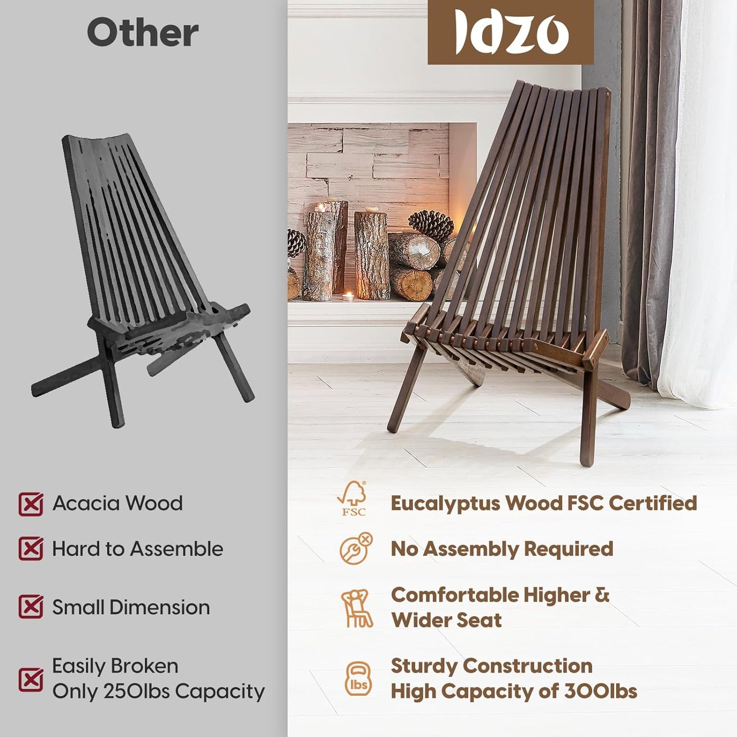 IDZO Elina FSC Eucalyptus Tamarack Chair, 300Lbs Capacity Modern Adirondack Style, Wooden Folding Seat, for Fire Pit Outdoor & Indoor - Cinnamon, Single