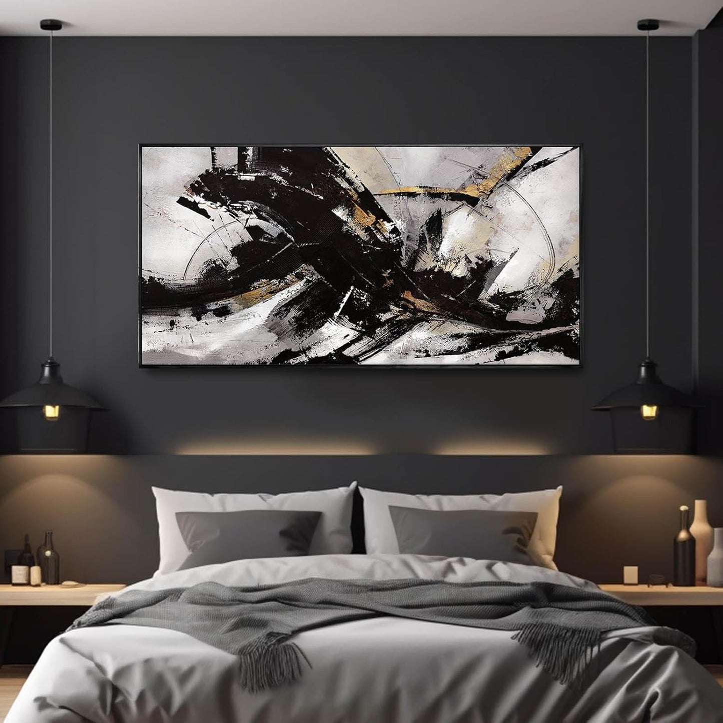 Black Wall Art Abstract Wall Decor for Living Room Framed Wall Art Canvas Art Grunge Artwork Large Office Pictures for Men 24”x48”