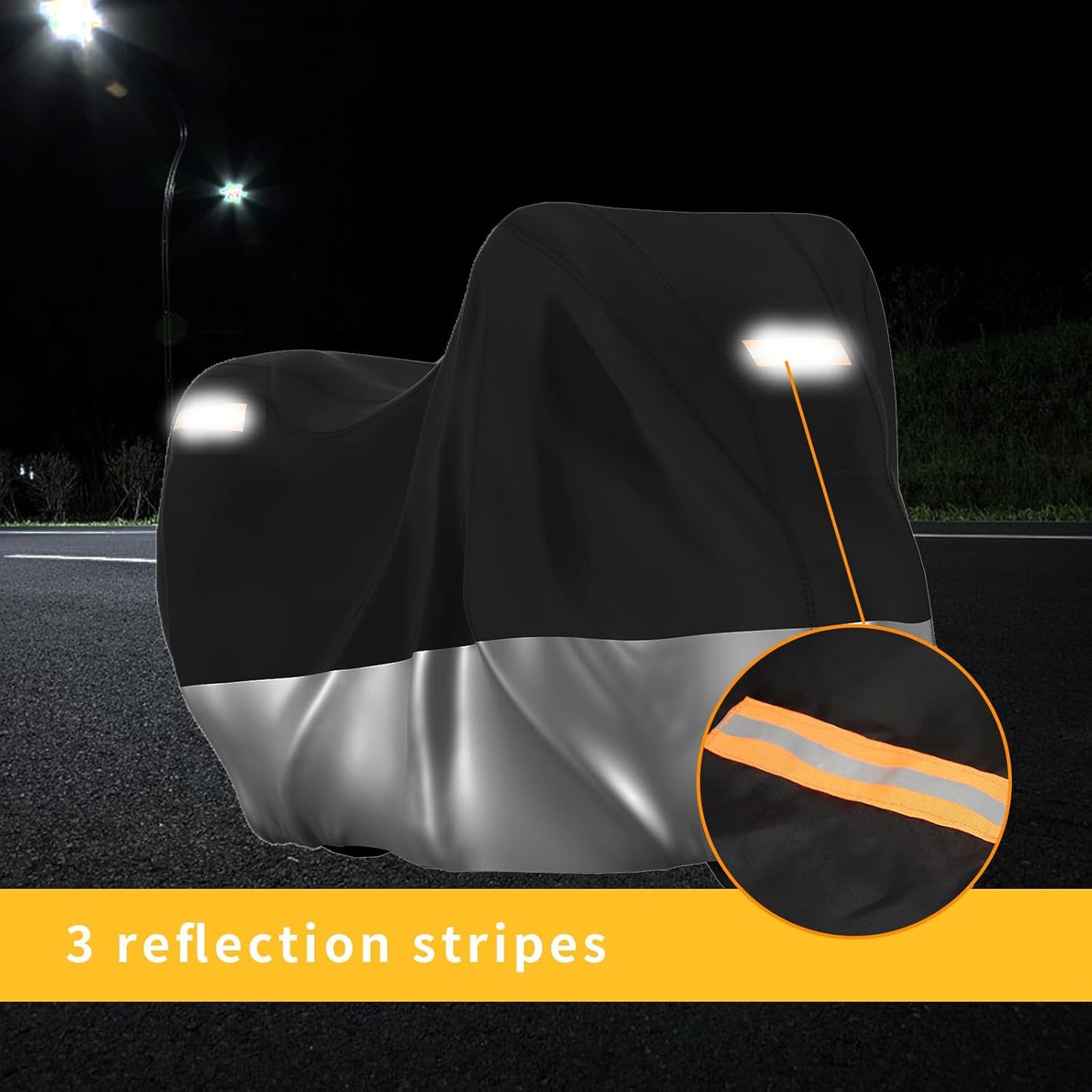 210D Motorcycle Cover All Season Waterproof Breathable Sun Outdoor Protection Three Reflective Tape with Lock-Holes & Storage Bag Bike Scooter Cover Universal (Silver and Black, 96.6''*41''*50'')