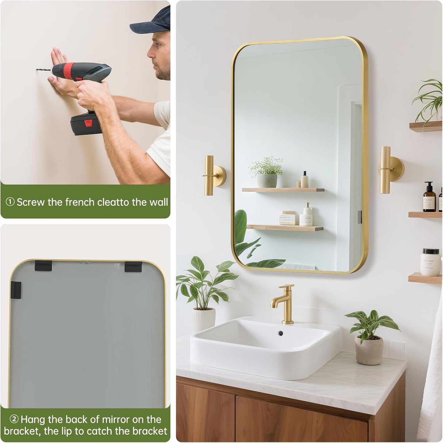 FARMER 22x30 Inch Gold Bathroom Mirror, Rectangle Vanity Mirror, Brushed Mirrors for Wall, Metal Frame Hanging Mirror with Round Corner for Bedrooms, Entryways, Living Rooms, Horizontal/Vertical