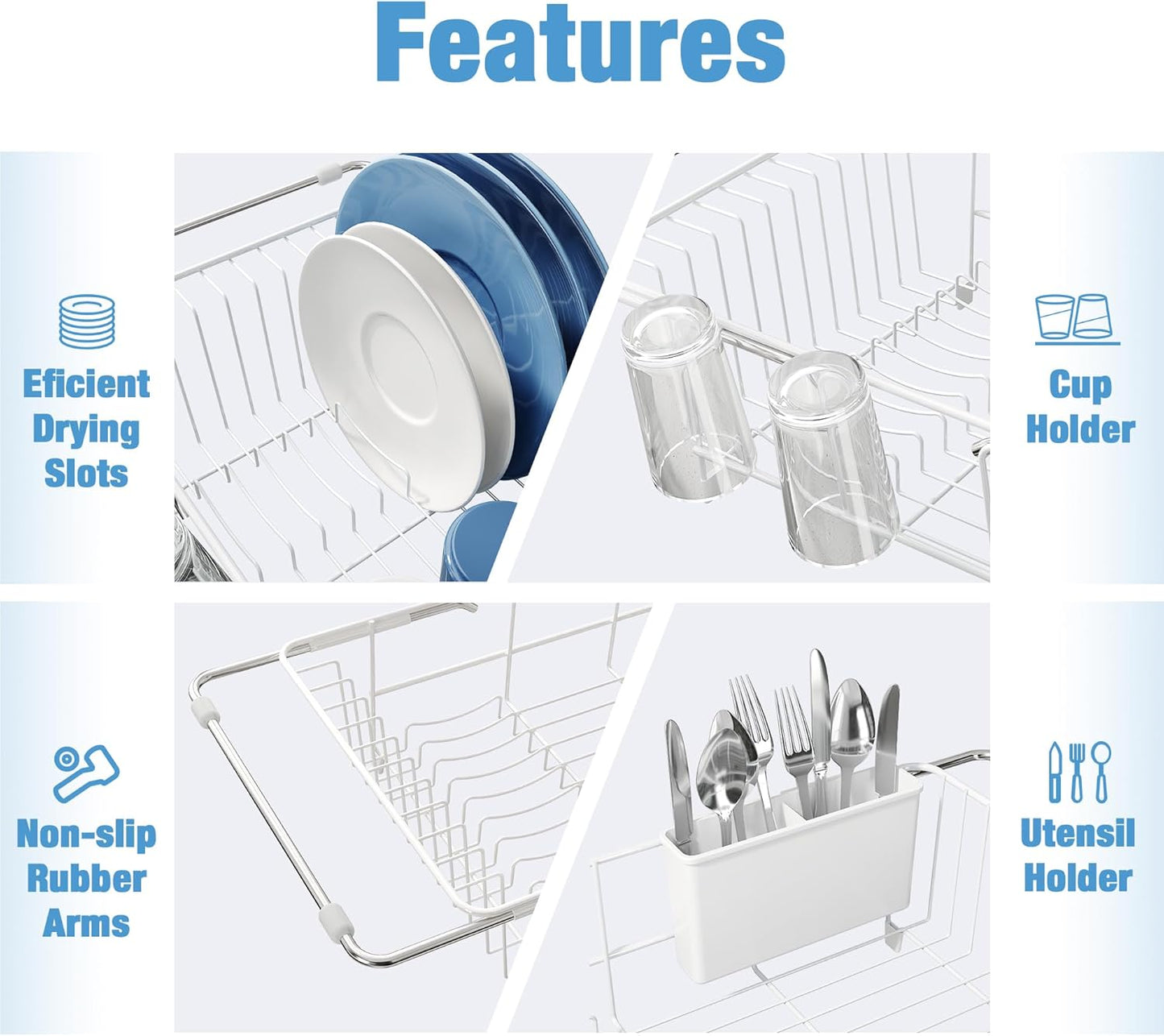 Dish Drying Rack in Sink, Small Dish Drainers for Inside Sink, Over The Sink Dish Racks, Stainless Steel Drying Rack with Utensil Holder, White