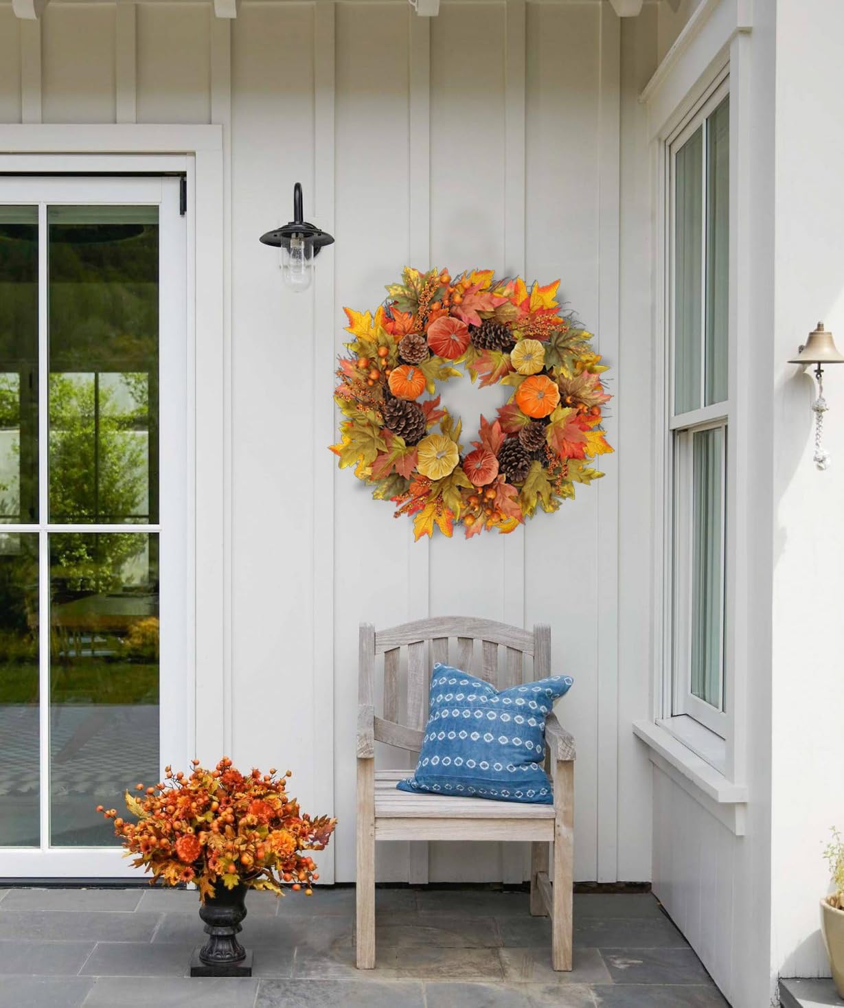 Fall Wreaths for Front Door 26'' Autumn Velvet Pumpkin Wreath with Metal Hook Large Harvest Maple Wreath Fall Decoration for Home Halloween Thanksgiving Decoration, Briful