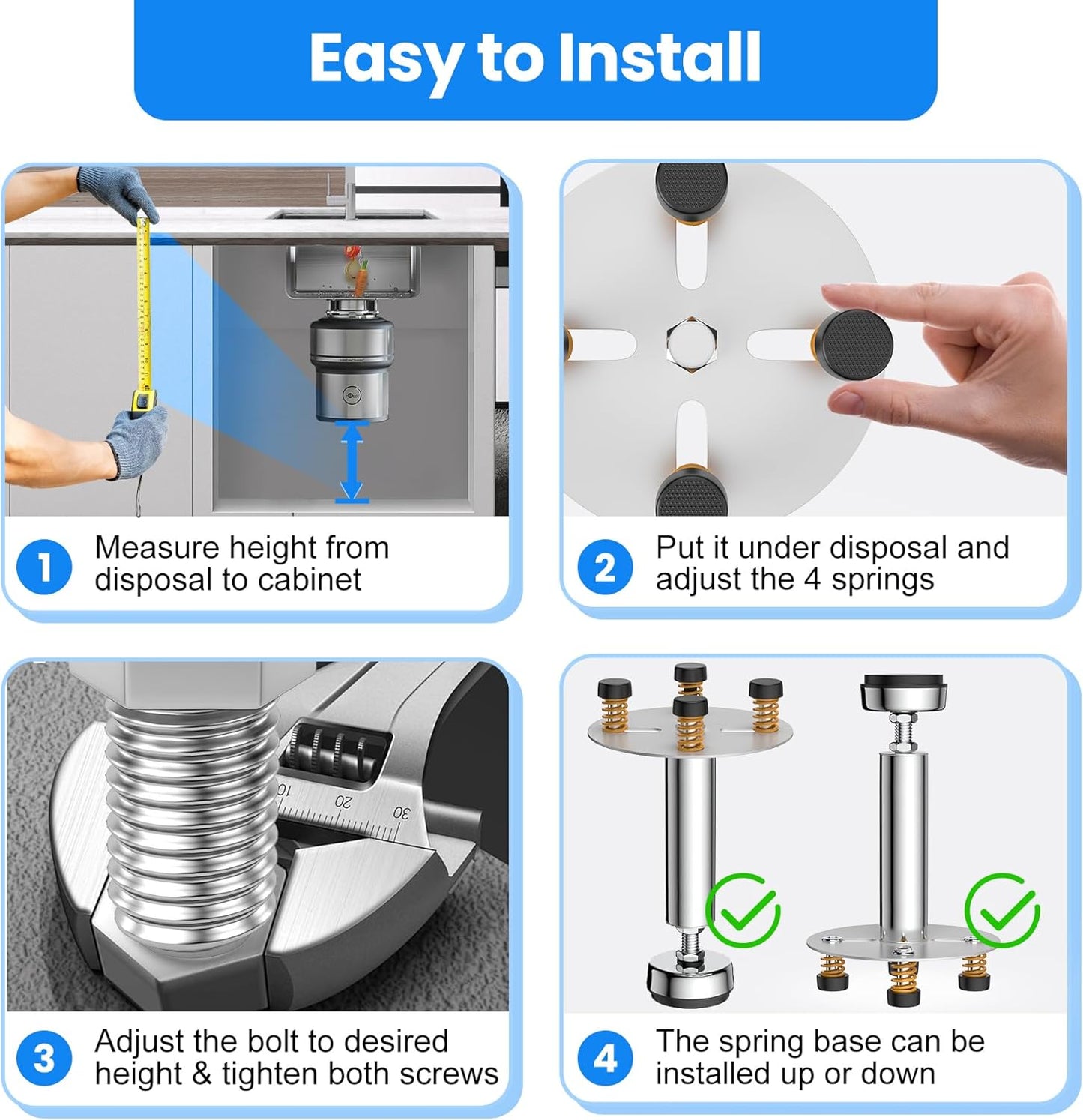 Garbage Disposal Support, Adjustable Spring Shock Absorber Bracket (7.48-10.62 inch (19-27cm)), Holds Up tp 440lbs, Stainless Steel Noise Reduction Installation Kit