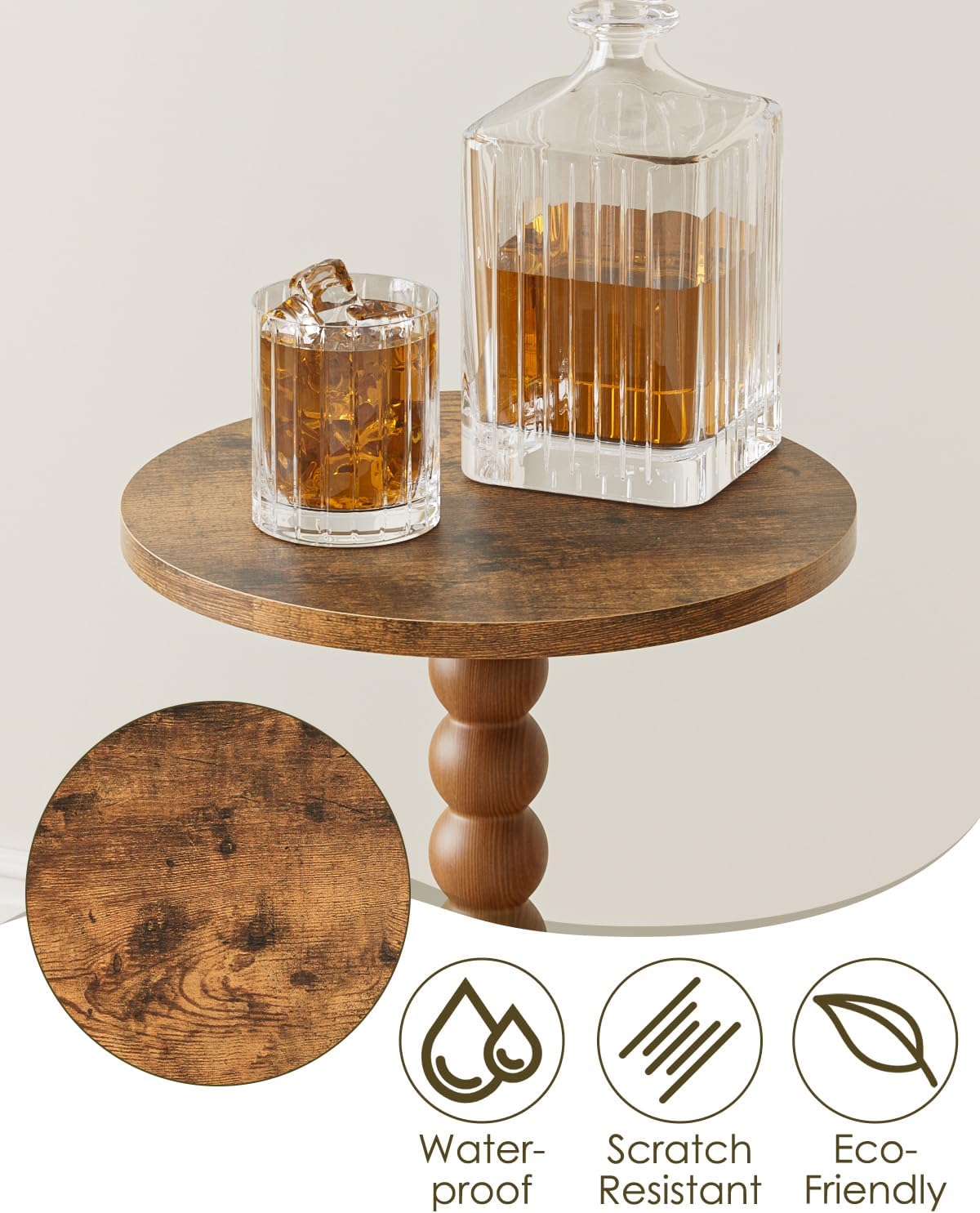 Masupu Round Side Table, Small End Table for Small Spaces, Pedestal Drink Table with Solid Wood Leg for Living Room, Bedroom, Corners(Rustic Brown)