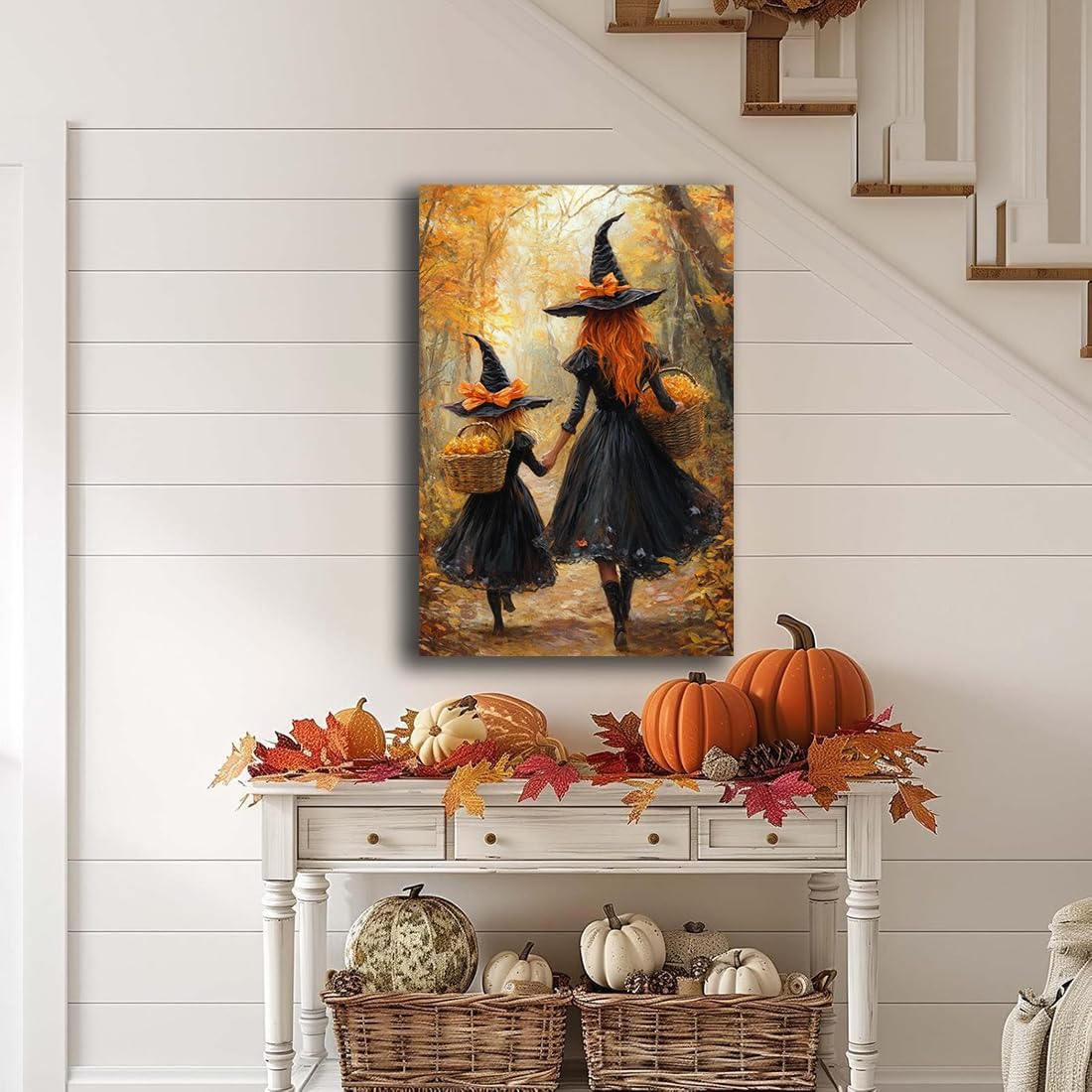 Mother Witch And Child Daughter Witch Wall Art,Halloween Autumn Woodland Forest Path Picture,Family Room Nursery Playroom Kids Room Decor,20"x30" Unframed