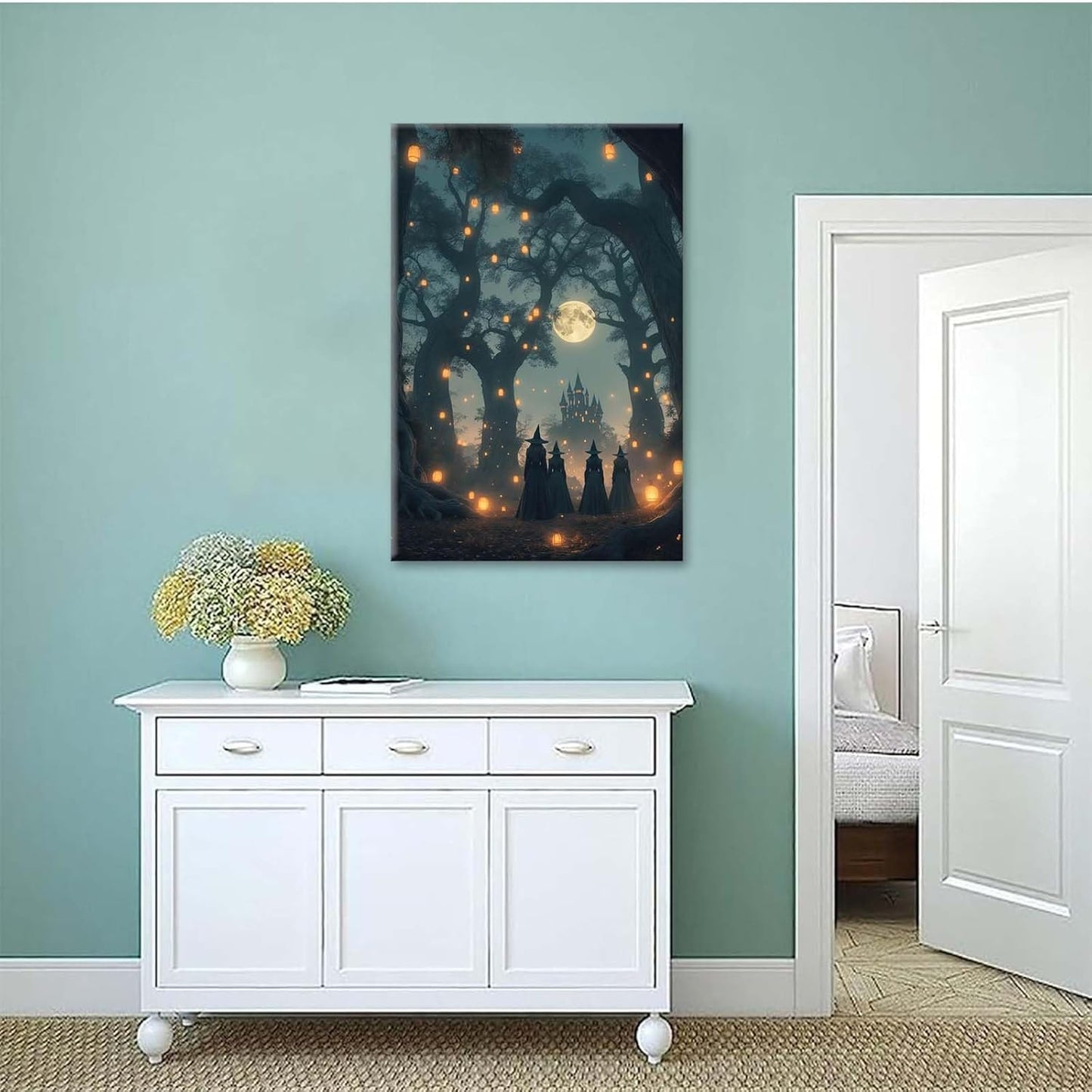 JFHCQJPK Mysterious creek painting witch and castle in magic forest art print canvas gothic print dark college decoration poster for home bedroom16x24in Frameless