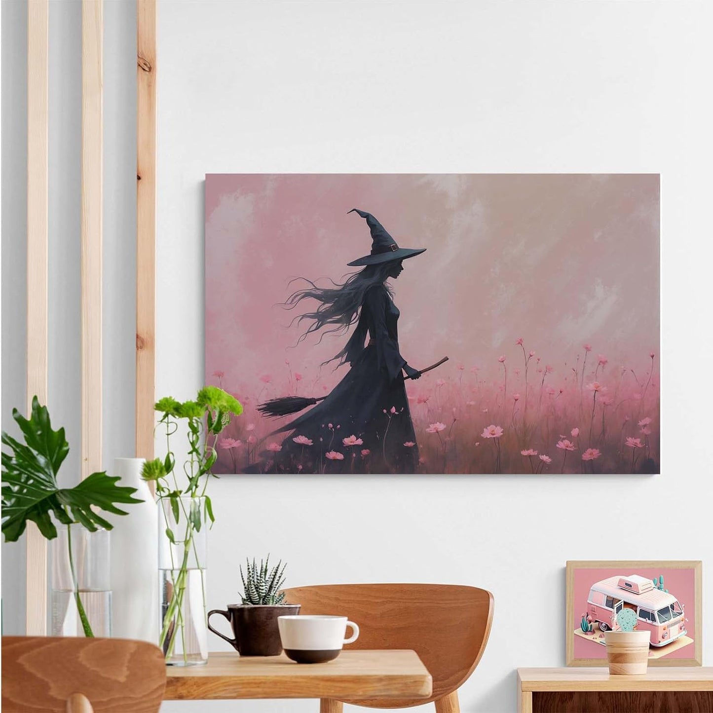 JFHCQJPK Witch in the pink sea of flowers Halloween prints weird flowers wall art silhouette painting fashionable romantic decoration suitable for bedroom20x30in Frameless