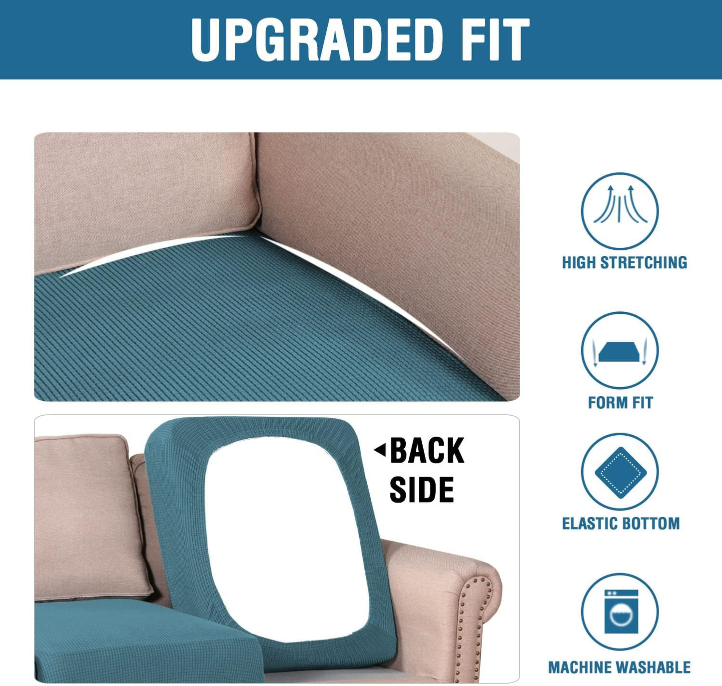 H.VERSAILTEX Super Stretch Individual Seat Cushion Covers Sofa Covers Couch Cushion Covers Slipcover Sets Thick Jacquard Textured Twill Fabric (2 Piece Medium Sofa Cushion Covers, Storm Blue)