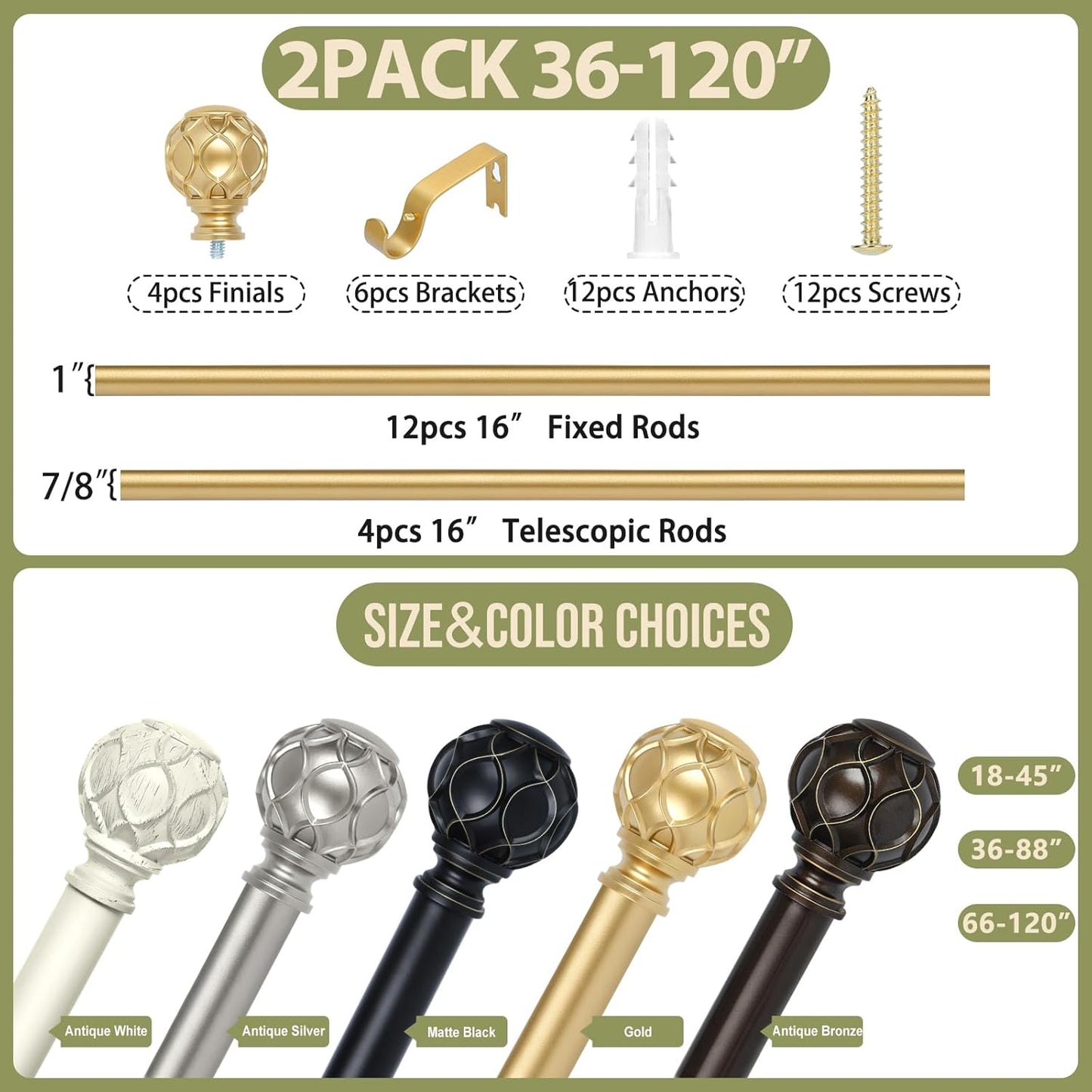 Gold Adjustable Curtain Rods for Windows:Farmhouse Heavy Duty Curtain Rod for Bedroom Living Room,Boho Decorative Rustic Drapery Rod with Vintage Coastal Finials,Brass Gold 2 Pack 66-120"