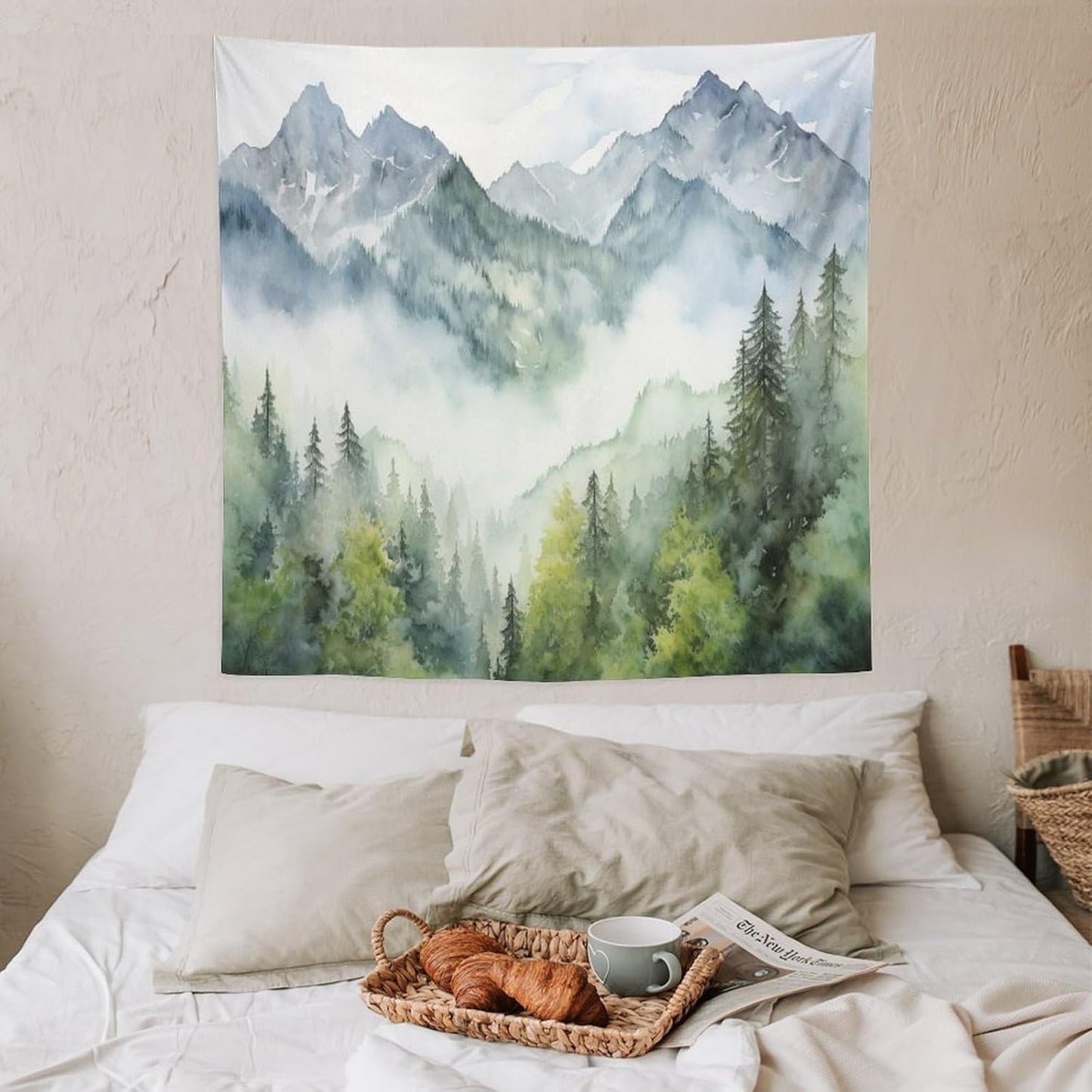 HZOHNAGO Mountain Tapestry Misty Green Forest Mountain Pattern Printed Wall Tapestry Wall Hanging for Bedroom Living Room Dorm 60" W x 60" H