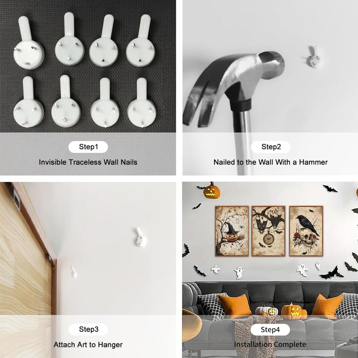 HLNIUC Vintage Halloween Decor Framed Gothic Skull Wall Art Set of 3(16”x24”) Floral Raven Crow Wall Decor,Horror Pumpkin Dark Academia Canvas Painting bats prints for Living Room Bedroom Goth Party