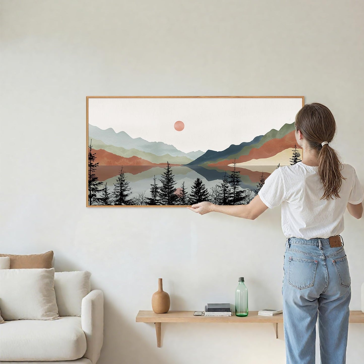 Tinonedraw Boho Mountain Framed Canvas Wall Art Set, Watercolor Nature Landscape Wall Decor, Neutral Modern Sunrise Artwork, Black Pine Trees Forest Art Prints for Living Room Bedroom Office 20"x40"