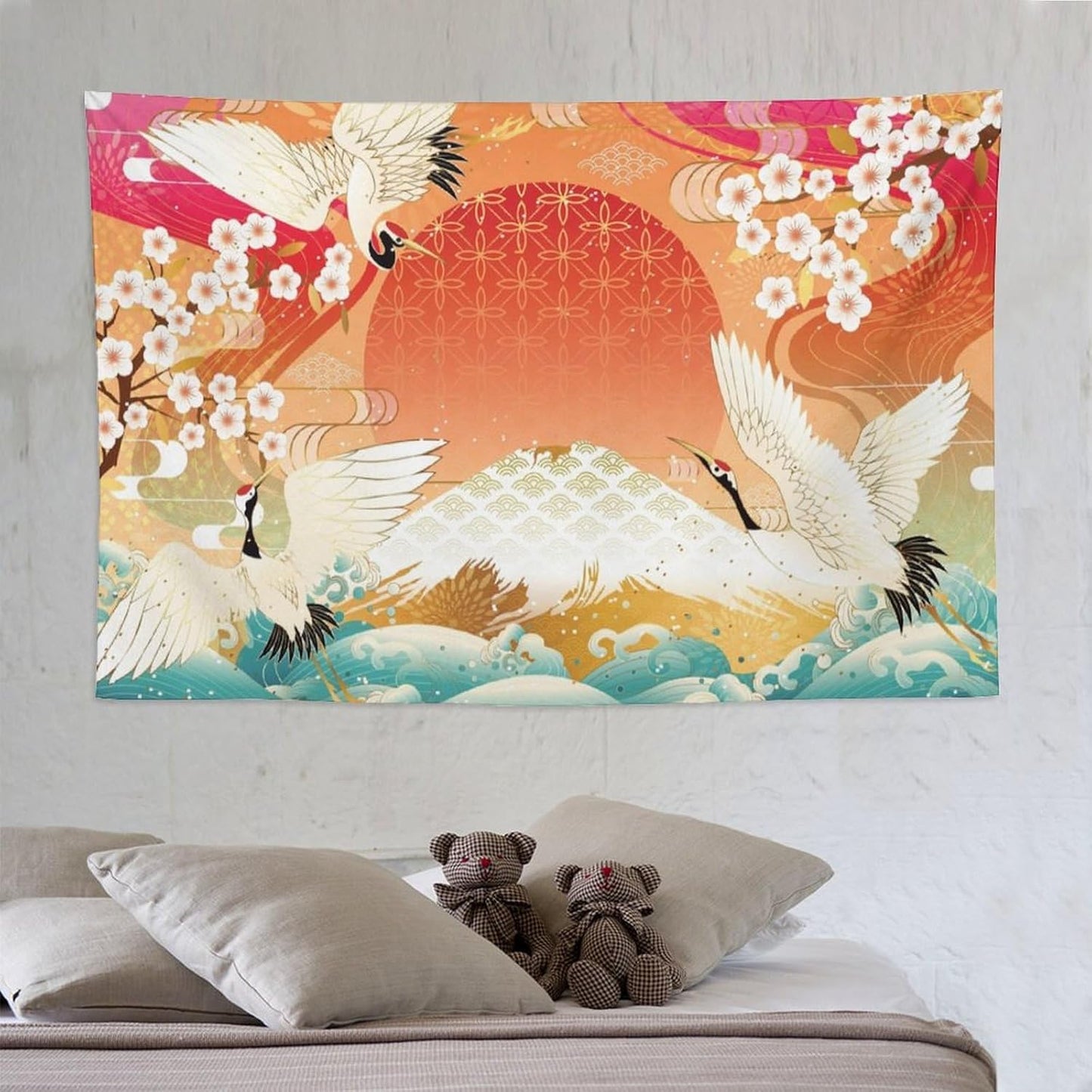 HZOHNAGO Japanese Tapestry Cherry Blossom Crane Sea Wave Fuji Mountain Red Sun Pattern Printed Wall Tapestry Painting Wall Hanging for Bedroom Living Room Dorm 90" W x 60" H