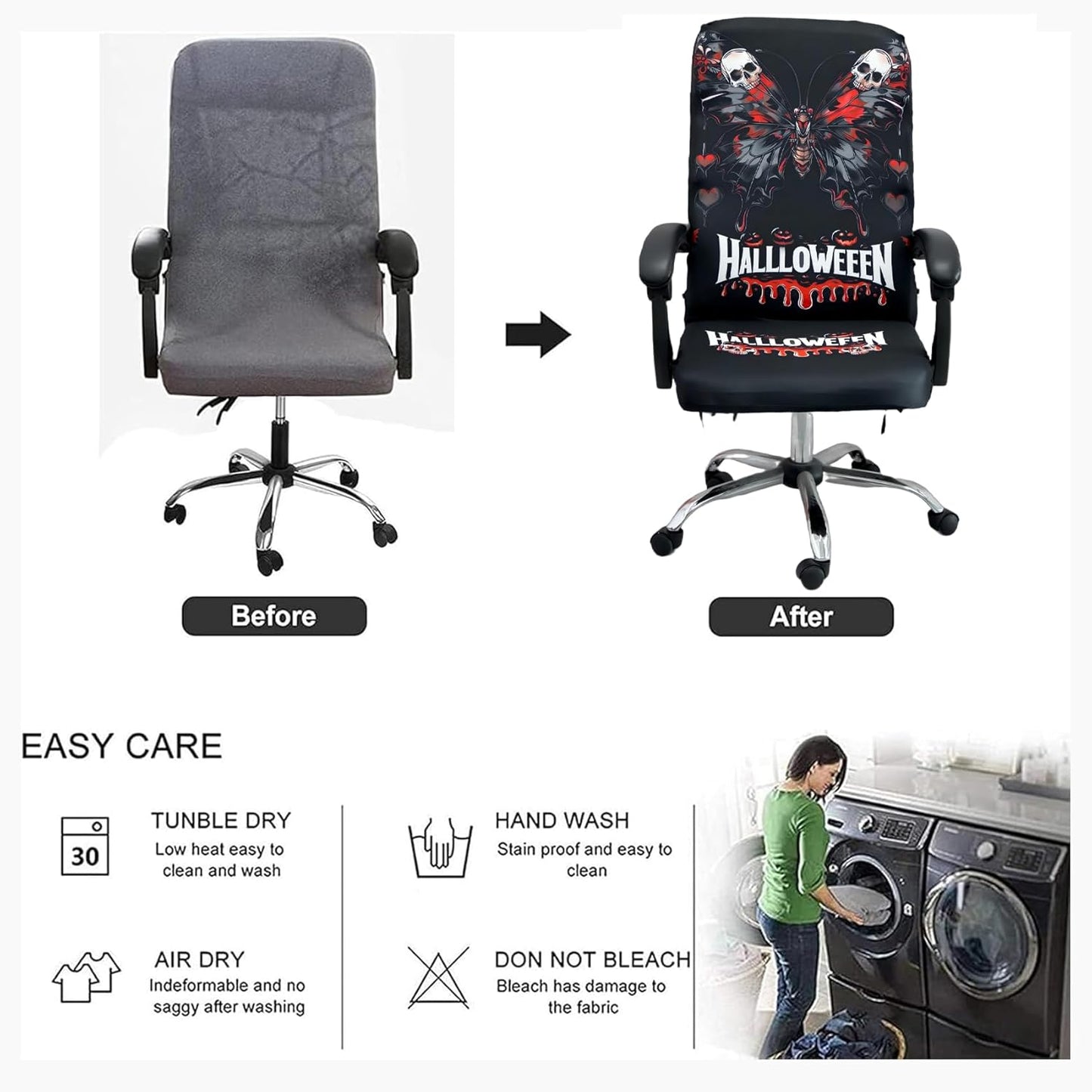 Halloween Office Chair CoversHorror Bloody Handprints Footprints on White Horror Theme Print Stretchable Slipcover for Modern Simplism Style High Back Boss Chair(No Chair) (Halloween08, M)…