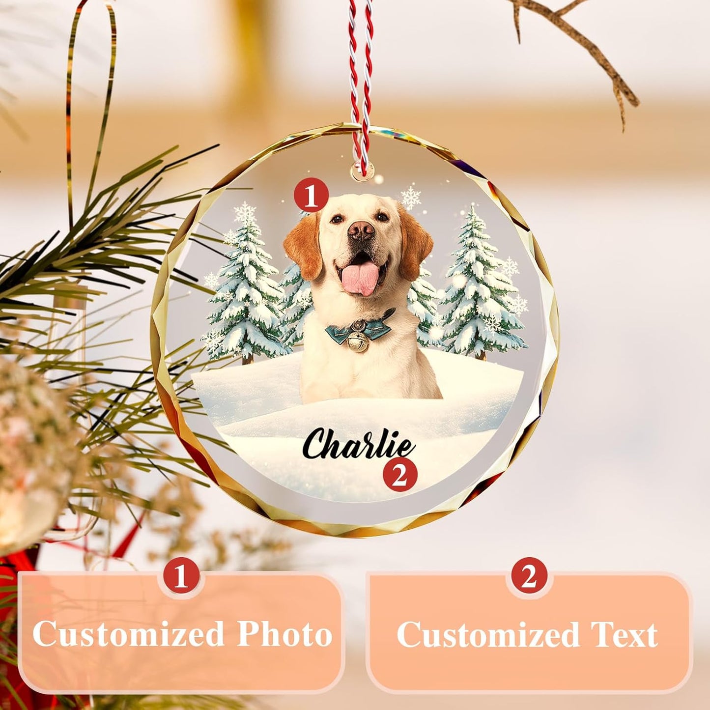 Custom Pet Christmas Ornament with Photo – Personalized Crystal Dog Cat Memorial Gift – Snow Scene Holiday Decor