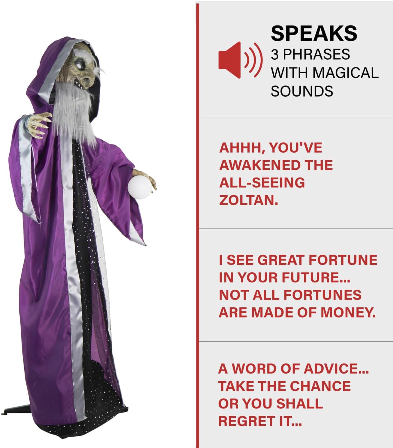 Haunted Hill Farm Talking Wizard Halloween Animatronic with Movement and Light-Up Crystal Ball for Scary Indoor or Covered Outdoor Halloween Decorations, Battery Operated Halloween Prop