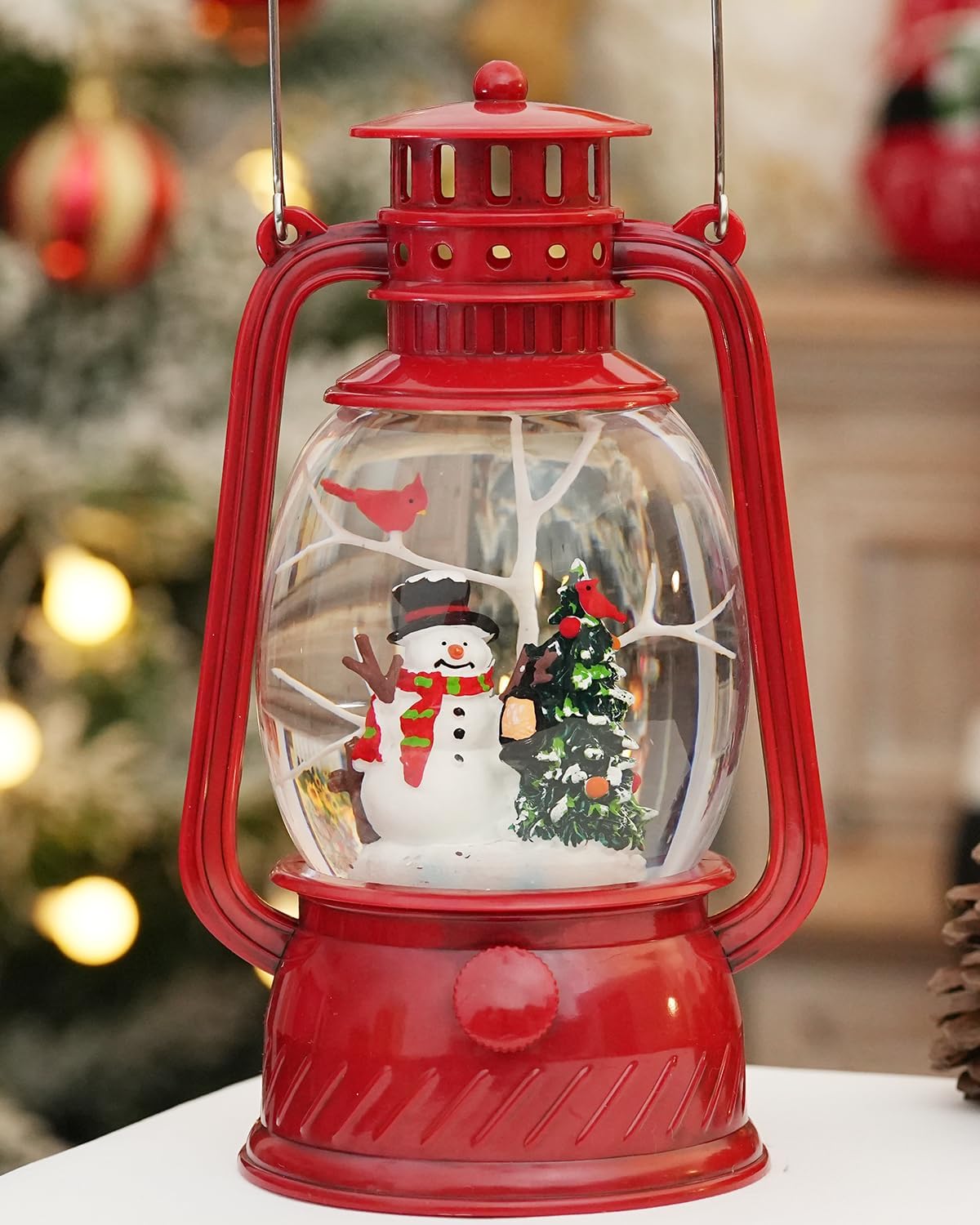 Musical Lighted Red Snowman Snow Globe Lantern with Swirling Glitter, USB & Battery Operated, 6H Timer, Classic Resin Christmas Decor & Gifts