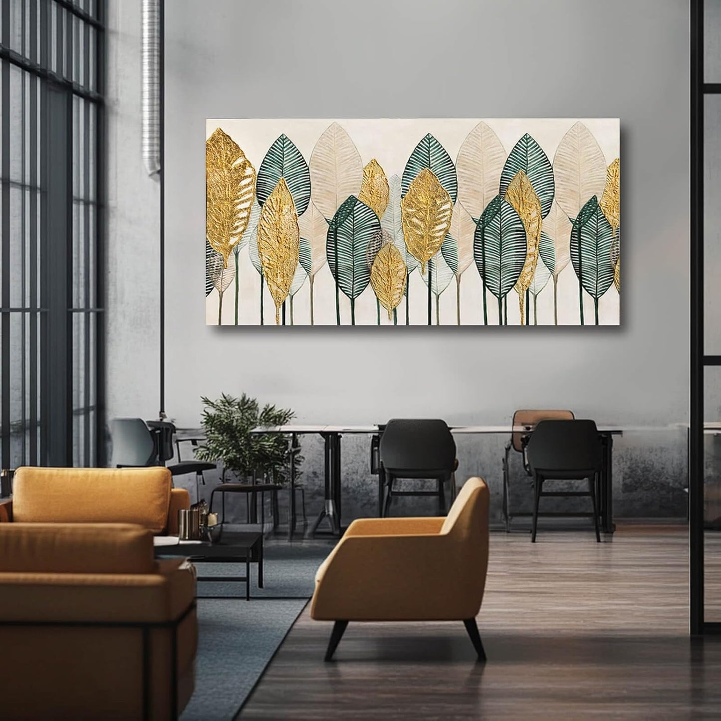 CHUDANHAO Green Canvas Artwork Gold Leaves Painting Beige Art Modern Wall Decor for Office Living Room Neutral Wall Art 29"x58" Print Photos