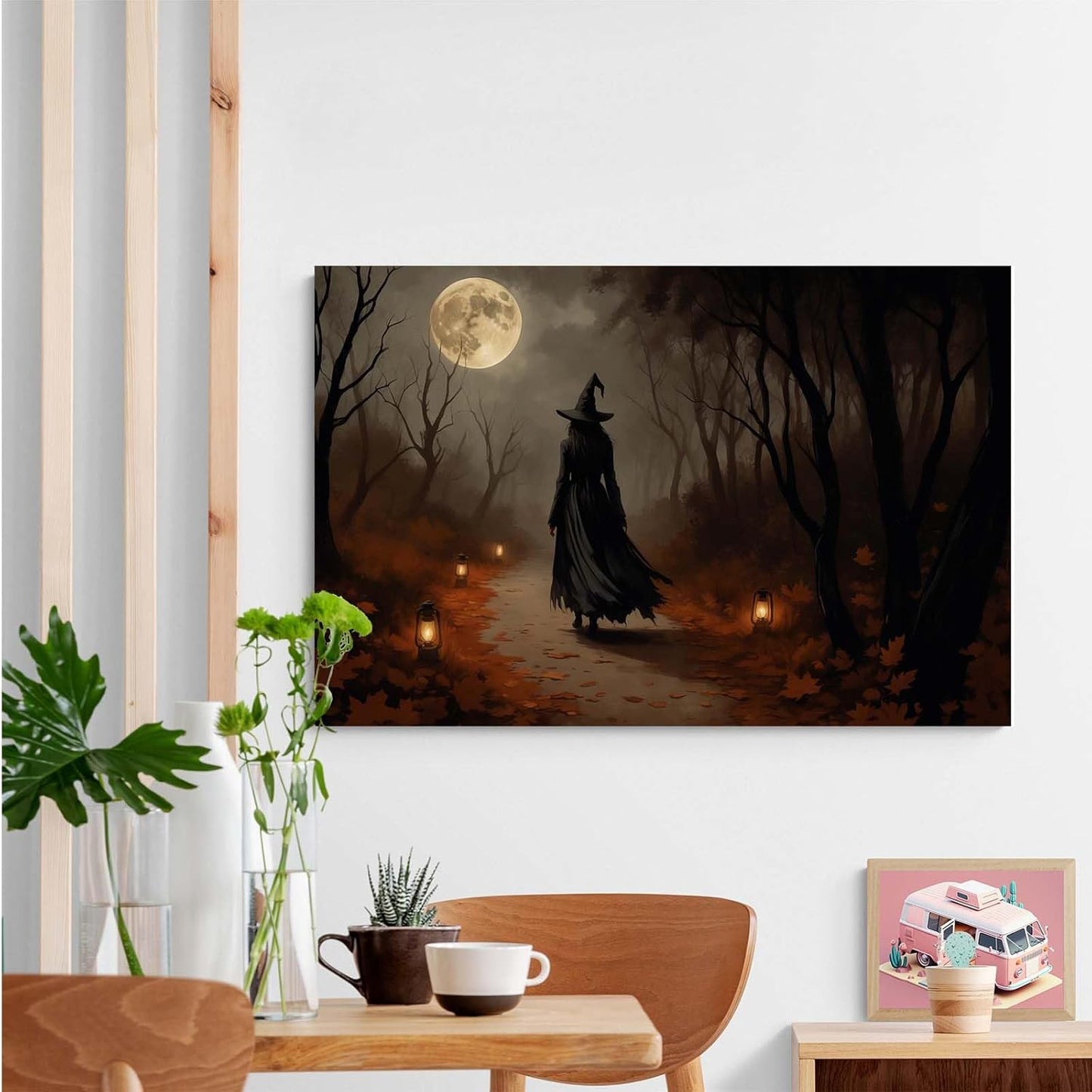 JFHCQJPK Moonlight witch poster dim lantern Halloween decoration Gothic style dark retro college style canvas wall art suitable for living room bedroom20x30in Frameless