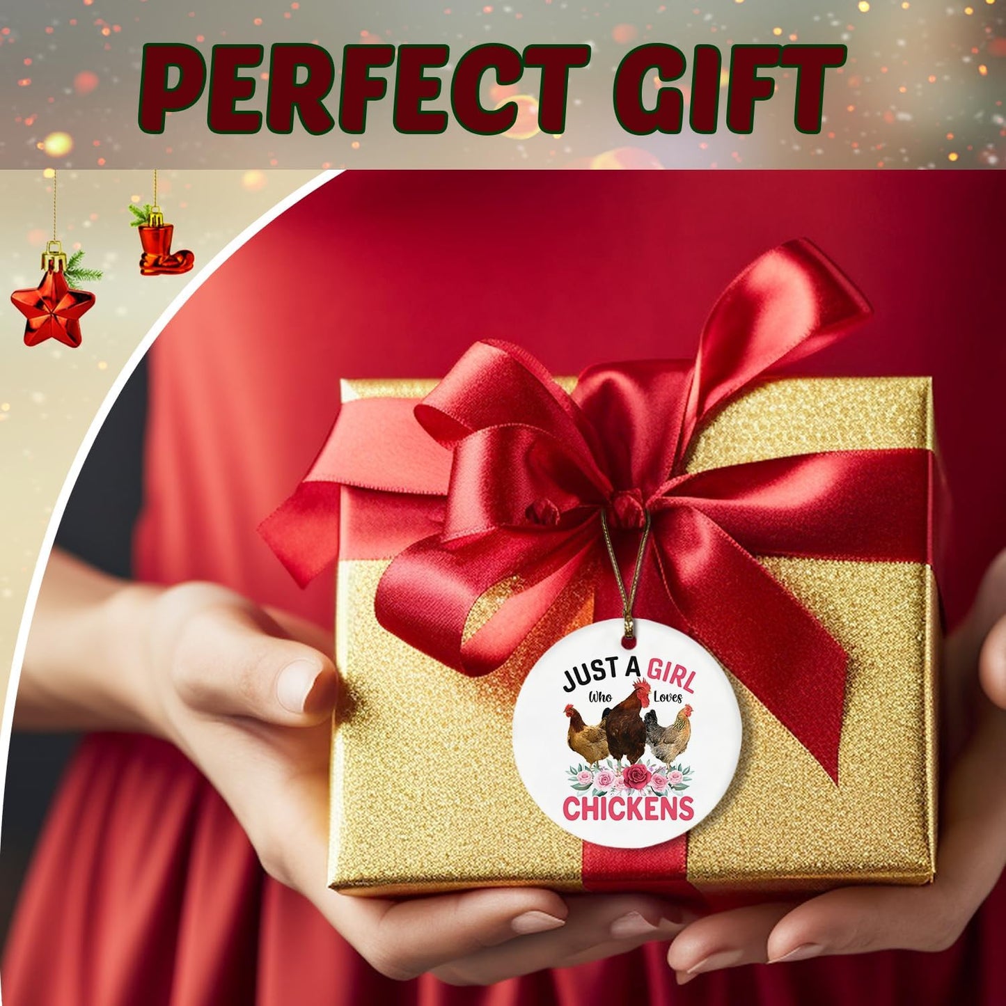 Christmas Chicken Ornaments, Chicken Gifts for Girls Chicken Lovers Women, Chicken Mom Lady Gifts, Just a Girl Who Loves Chickens Ceramic Christmas Xmas Ornament Keepsake Decorations