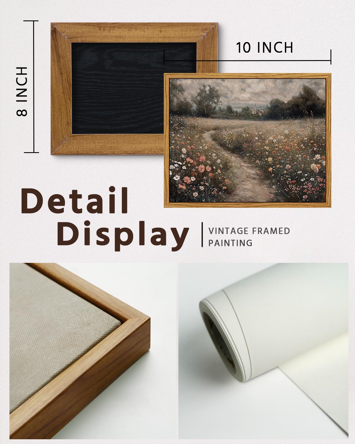 VIYYIEA Framed Canvas Wall Art Home Decor Vintage Landscape Nature Country Wildflower Paintings Farmhouse Pictures Floral Artwork Rustic Flower Prints Cottagecore Living Room Bedroom Bathroom 8x10in