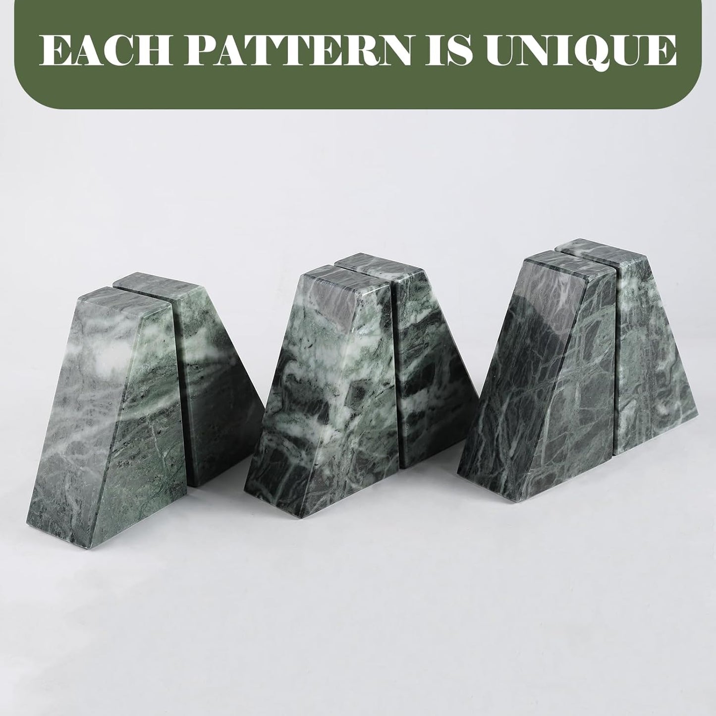 Marble Bookends for Heavy Books, Decorative Bookends for Shelves, Green Stone Book Ends, Heavy-Duty Book Ends for Hardback Book & Cookbooks, Unique Book Stopper & Holder, Set of 2