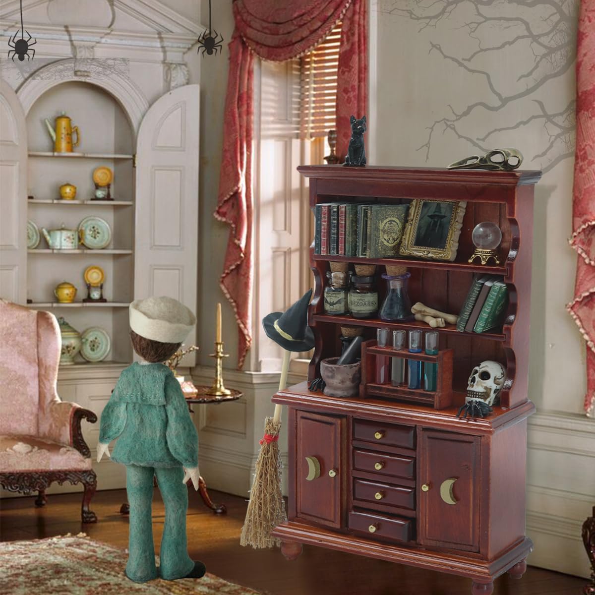 Dollhouse Miniatures 1/12 Scale Accessories, Wooden Bookshelf Furniture Set - Magic Bottle&Potion, Witch Frame and Hat, Mini Bookcase, Haunted Dollhouse Halloween Decorations for Kids Gifts