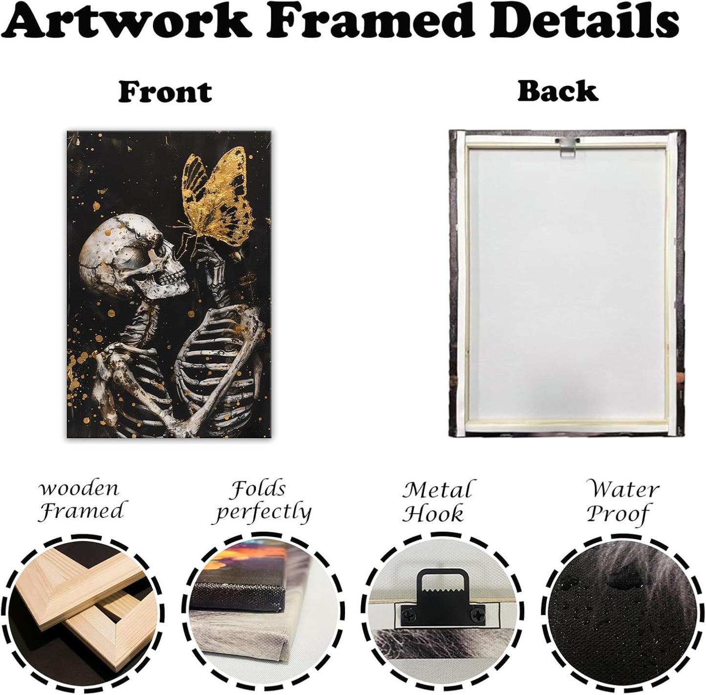 OAAPITI Skull Wall Art Skull and Gold Butterfly Canvas Print Abstract Modern Gothic Artwork for Bedroom Dark Art Decor(Artwork-7,24"x36")