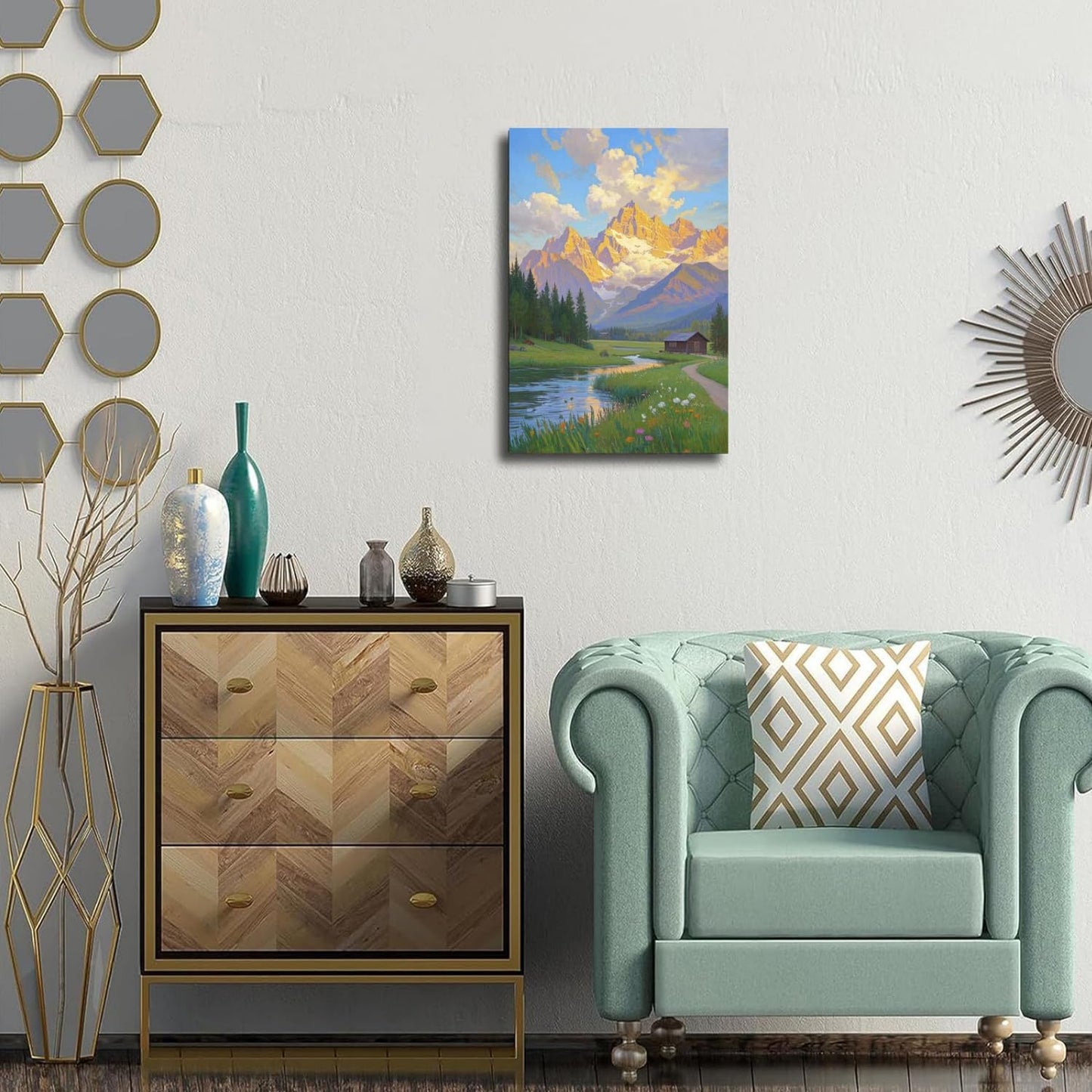 The mountain stream and lawn scenery under the sun is suitable for posting in the living room bedroom office landscape poster wall painting