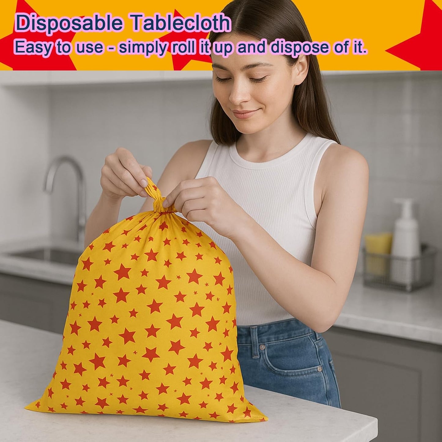 iCius Anime Theme Tablecloths 6-Pack Yellow and Red Stars Print 108"x54" - Disposable Table Covers for Cosplay Birthdays, Vedio Game Themed Party Decor Supplies