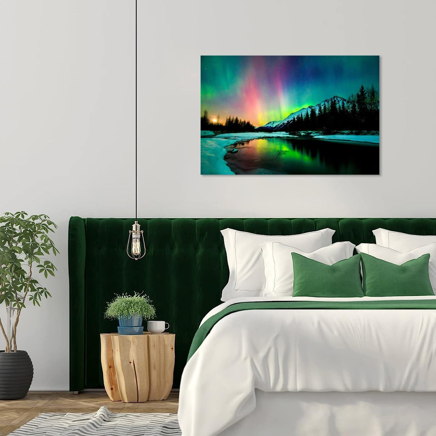 Aurora Borealis Canvas Wall Art Northern Lights Canvas Print Painting for Living Room Snowy-Mountains-Landscape Poster Picture Wooden Framed Prints Ready to Hang(12.00"x16.00")