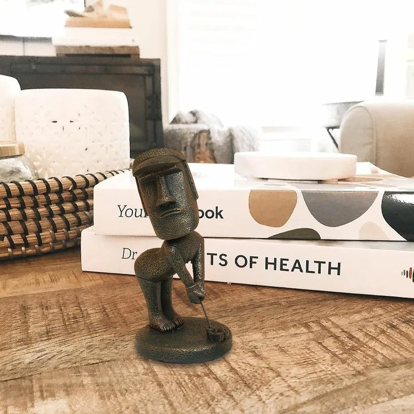 Moai Statue Decor - 6 Inch Easter Island Oranment Resin Stone Decoration for Room Accessories Antique Sculpture for Office Desktop (Play Golf)