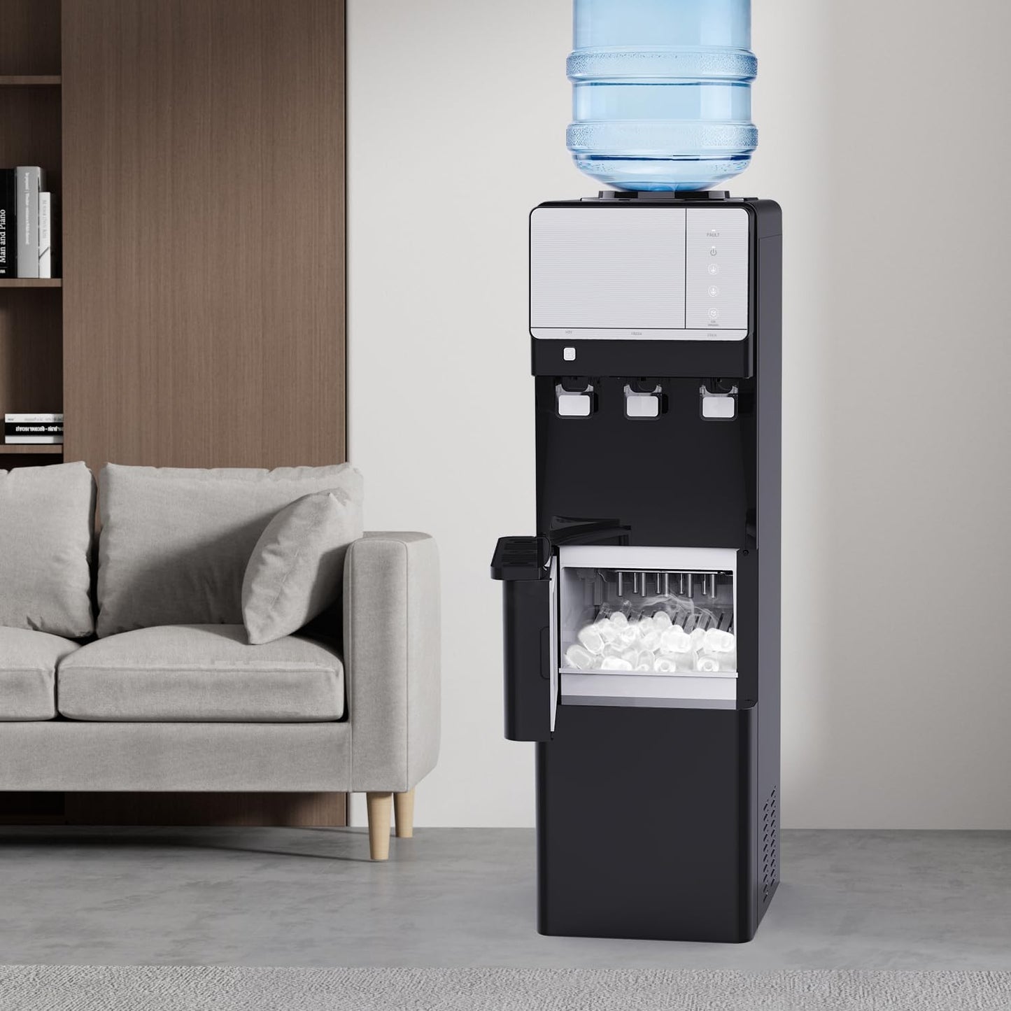 IKT Top Load Water Cooler Dispenser with Ice Maker for 5 Gallon Bottle 27 lbs Daily Capacity 3 Temperature Night Light Black