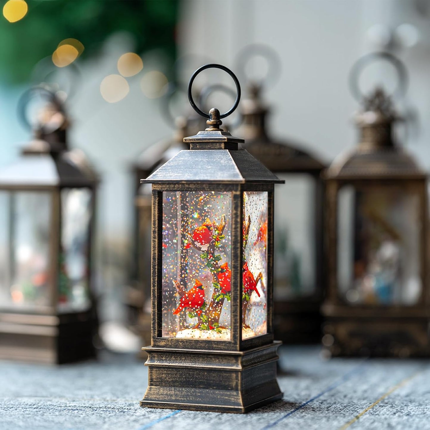 Christmas Snow Globe Lantern Water Glittering 10'' Cardinal with Music & Timer, USB Lined/Battery Operated Lighted Lantern for Christmas Festival Decoration Gifts