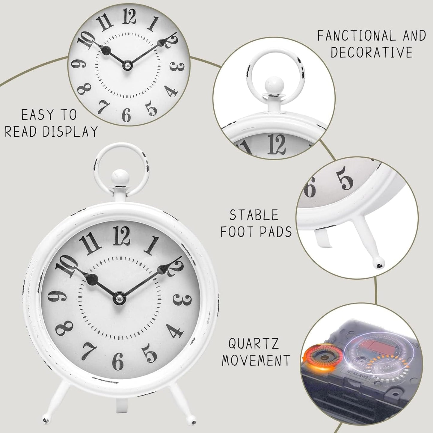 Vintage Rustic White Table Clock on Stand, Decorative Desk and Shelf Clock Farmhouse Mantel Clock Rustic Non-Ticking Clock