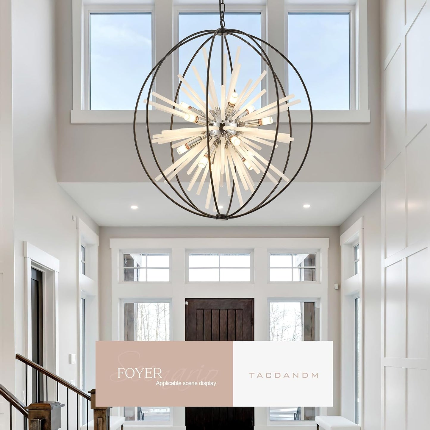 31.5" Black Chrome 16-Light Globe Sputnik Chandelier Modern Adjustable Hanging Ceiling Glass Tube Pendant Light Fixture for Entryway Foyer Stairway Dining Living Room Hallway