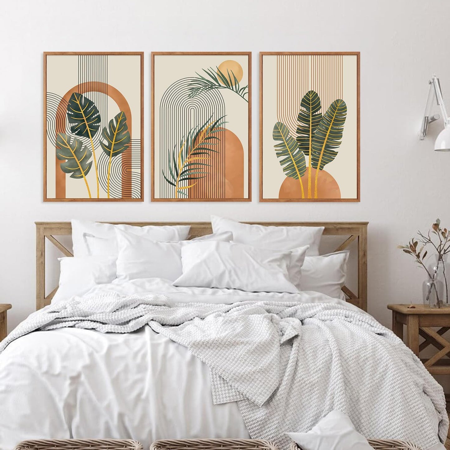 KAIRNE Boho Canvas Wall Art,Abstract Minimalist Room Decor,Tropical Botanical Wall Decor,Mid-Century Geometric Illustrations Set of 3(16”X24”),Botanical Print for Living Room Bedroom Dining Room Decor