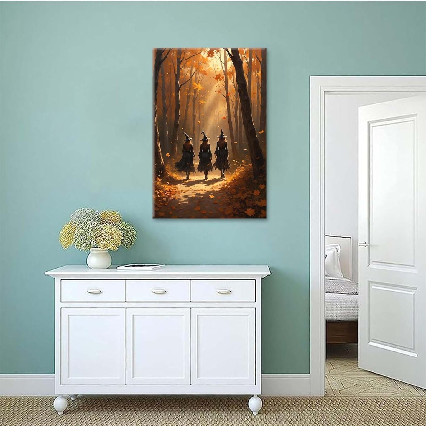 Three witches walking in the forest in autumn canvas painting gothic poster halloween print country witch wall art for home decoration12x16in Wood Framed