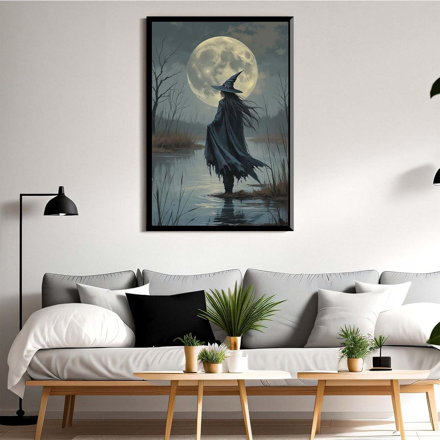 JFHCQJPK Witch in the moonlight magic canvas wall art enchanting Halloween home decor swamp witch silhouette oil painting mysterious gothic aesthetic wall decor print poster24x36in Metal blackFramed