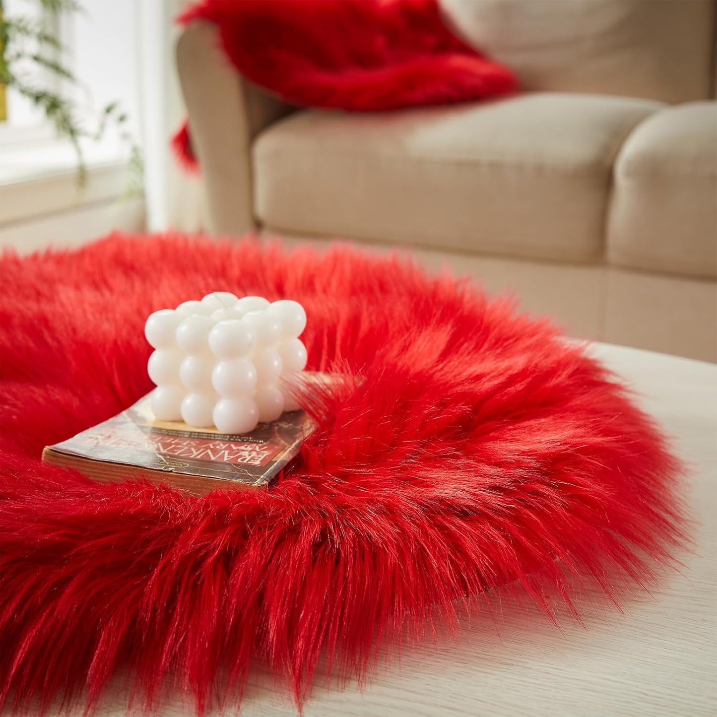 AMTOVO Faux Fur Sheepskin Rug for Living Room, 4 x 6 ft Red Fluffy Area Rug for Bedroom, Playroom, Luxury Room Decor, Rectangle