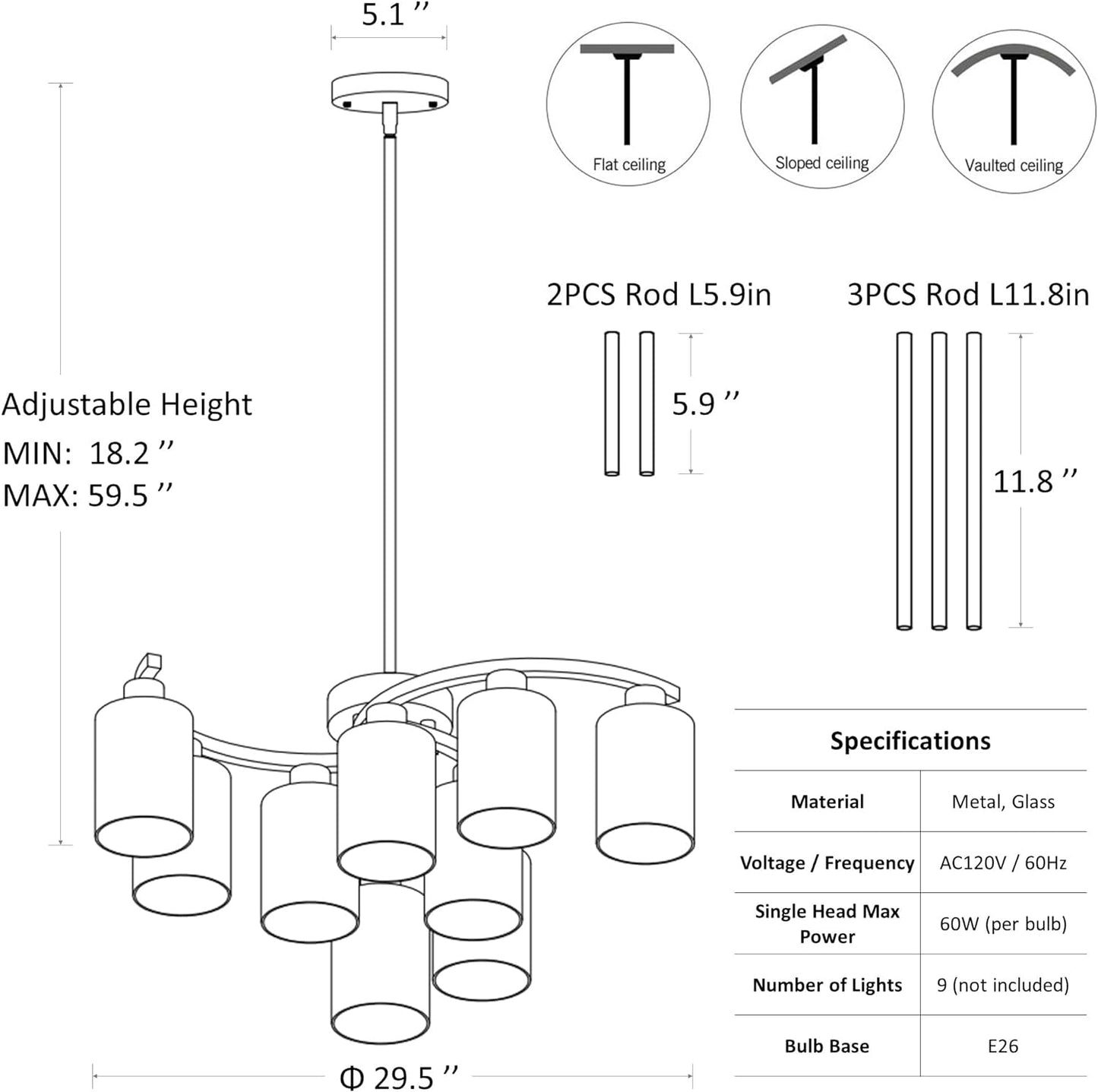 9-Light Brushed Nickel Glass Chandelier, Adjustable Height Hanging Industrial Dining Room Chandelier Over Table, Modern Farmhouse Chandelier for Kitchen Island Living Room Entryway Bedroom