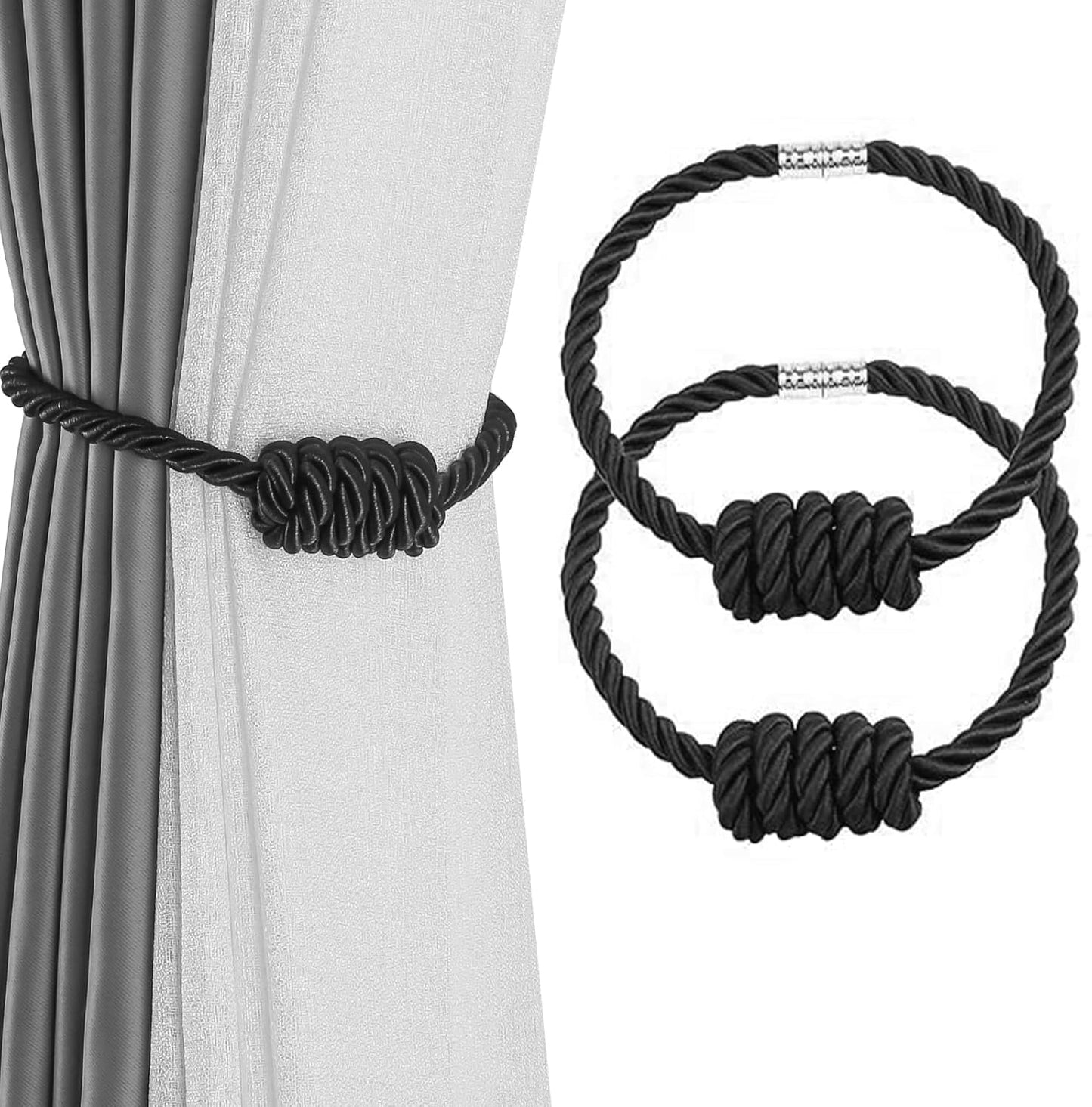 Fenghuangwu 2Pack Magnetic Curtain Tiebacks – Bohemian Style Handmade Woven Tie-Backs for Drapes,Elegant Exquisite Knot Holdbacks,Outdoor Boho & Modern Home Decor(Black