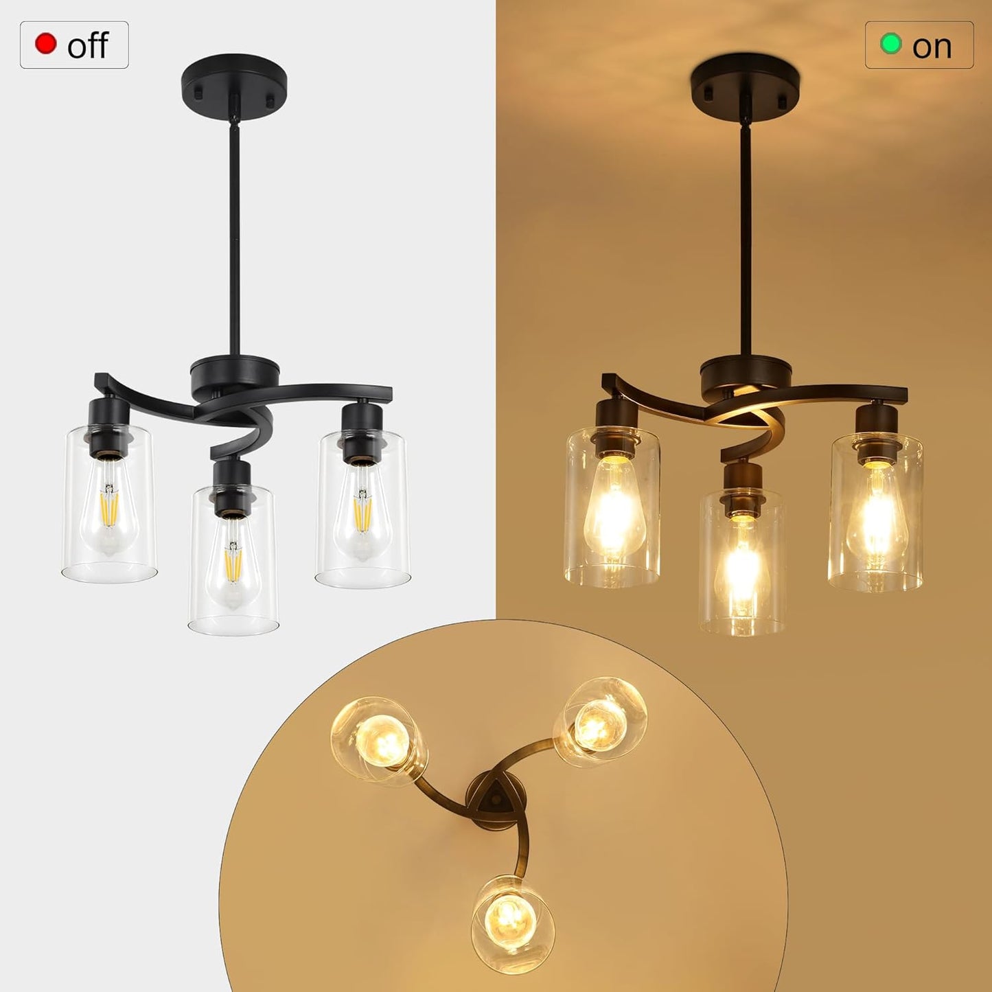 3 Light Modern Dining Chandeliers Over Table,Black Light Fixture for Dining Room,Farmhouse Chandelier with Glass Shade,Industrial Pendant Lighting for Kitchen Island,Foyer,Hallway, Bedroom