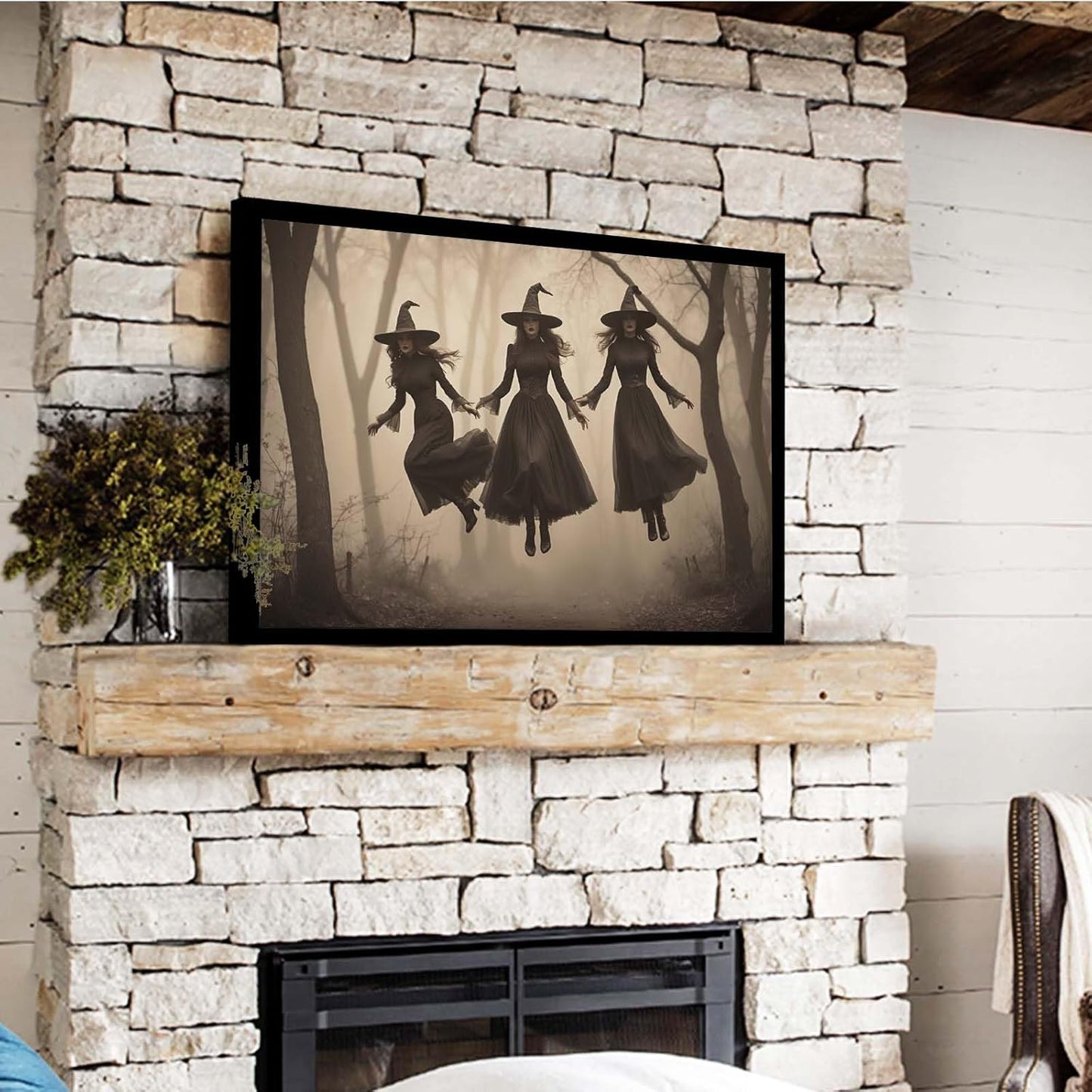 JFHCQJPK Three ghost witches flying in vintage forest gothic wall art witchcraft decoration holiday gift canvas wall art print20x30in Metal blackFramed