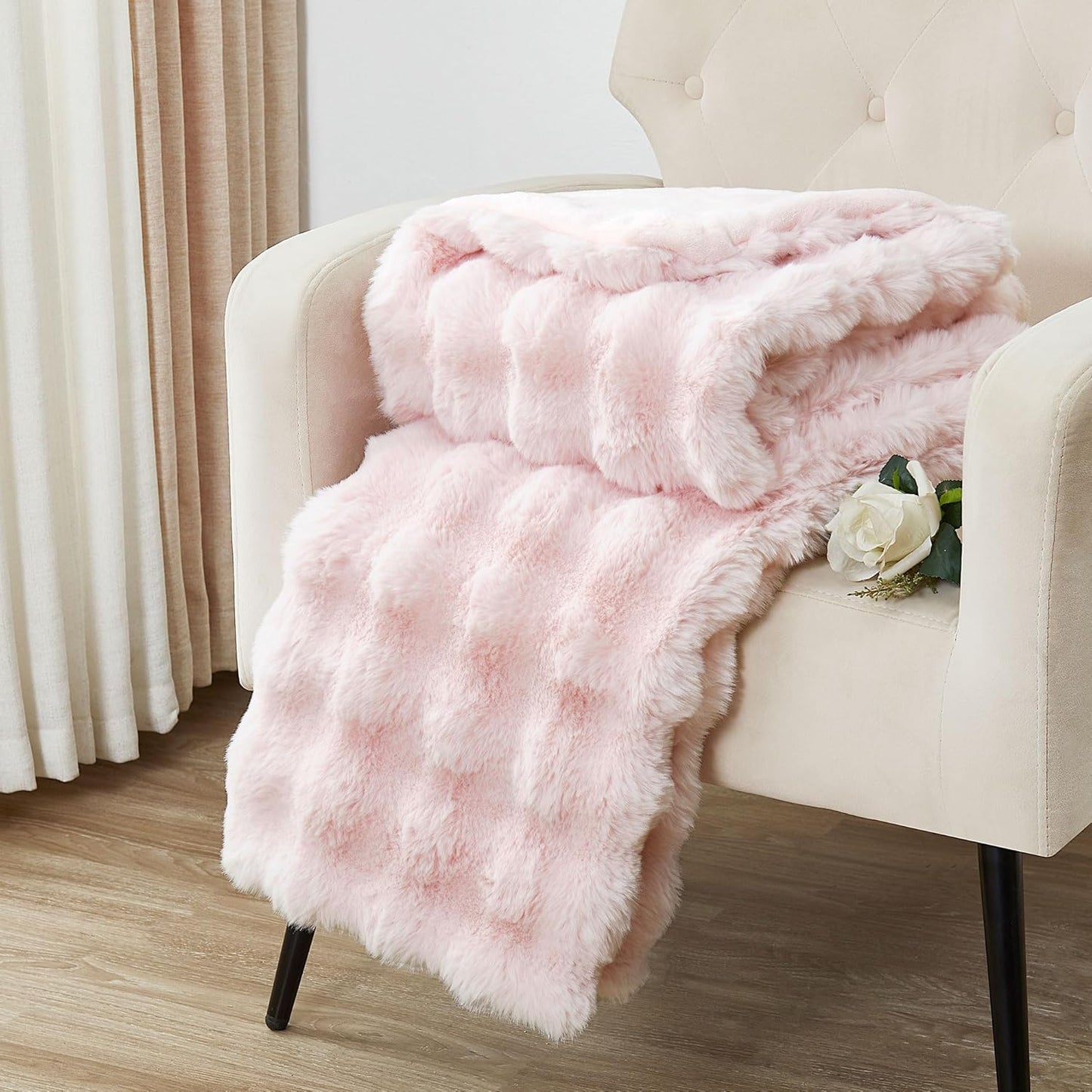 DREAMNINE Decorative Soft Thick Fuzzy Bubble Faux Rabbit Fur Throw Blanket for Couch Sofa, Reversible Plush Warm Fluffy Blankets for Winter, Luxury Cute Cozy Furry Fur Blanket for Bed, 50" x 60", Pink