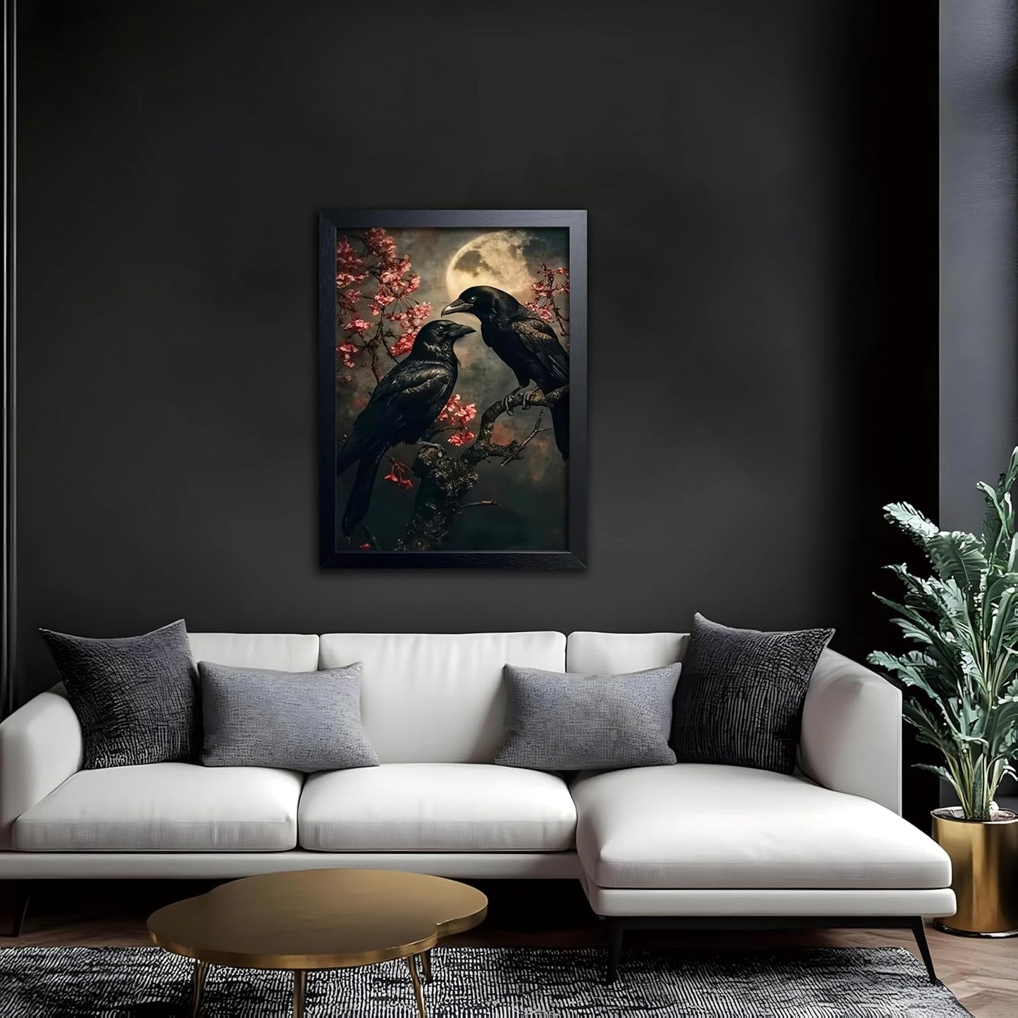 Black Wood Framed Halloween Canvas Wall Art Painting, Vintage Black Crow Cherry Blossom Wall Decor Picture, Dark Academia Gothic Poster Print Photo for Living Room Bedroom Office Decor 16x24 Inch